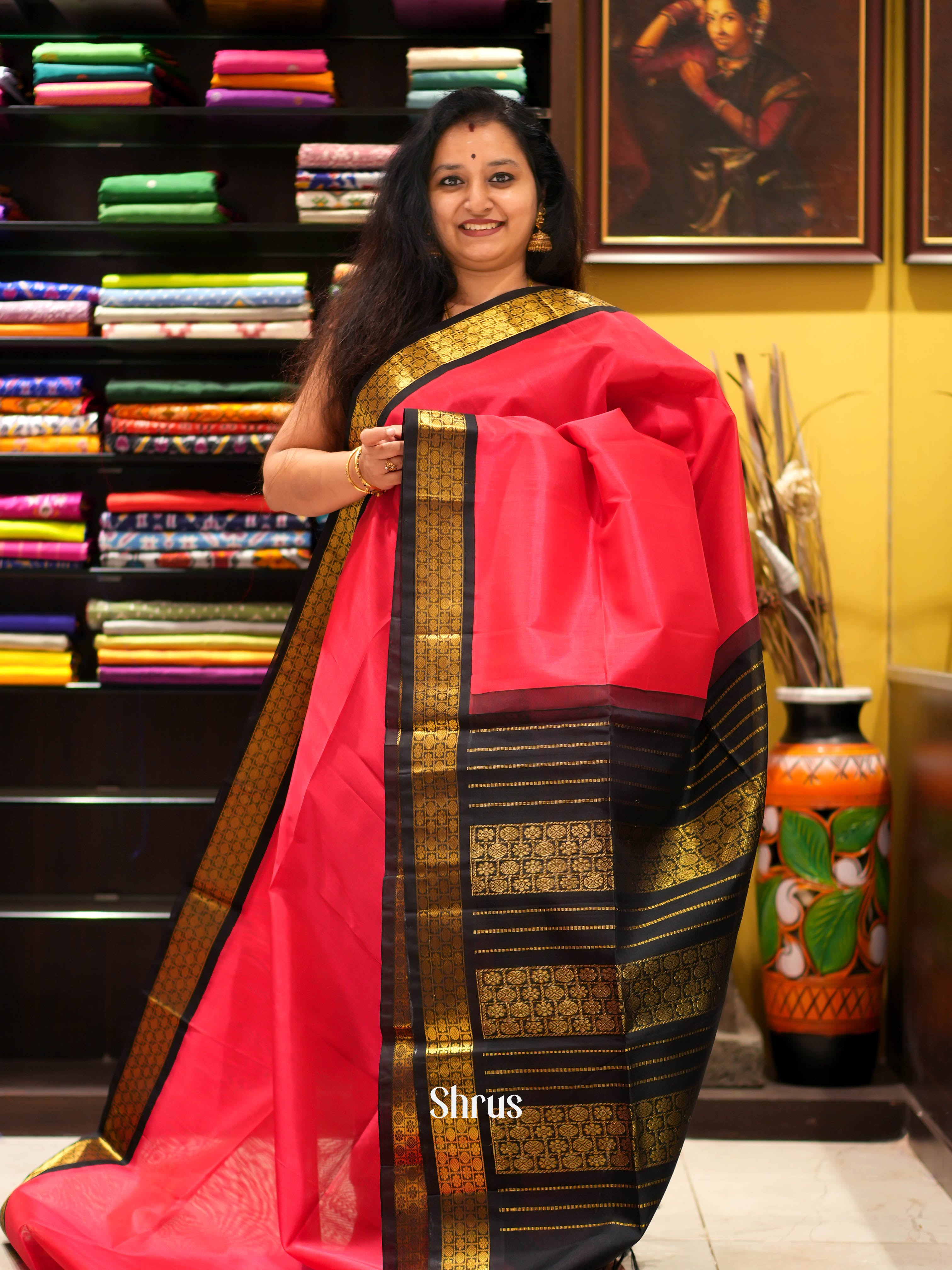 Pink & Black - Silk Cotton Saree - Shop on ShrusEternity.com
