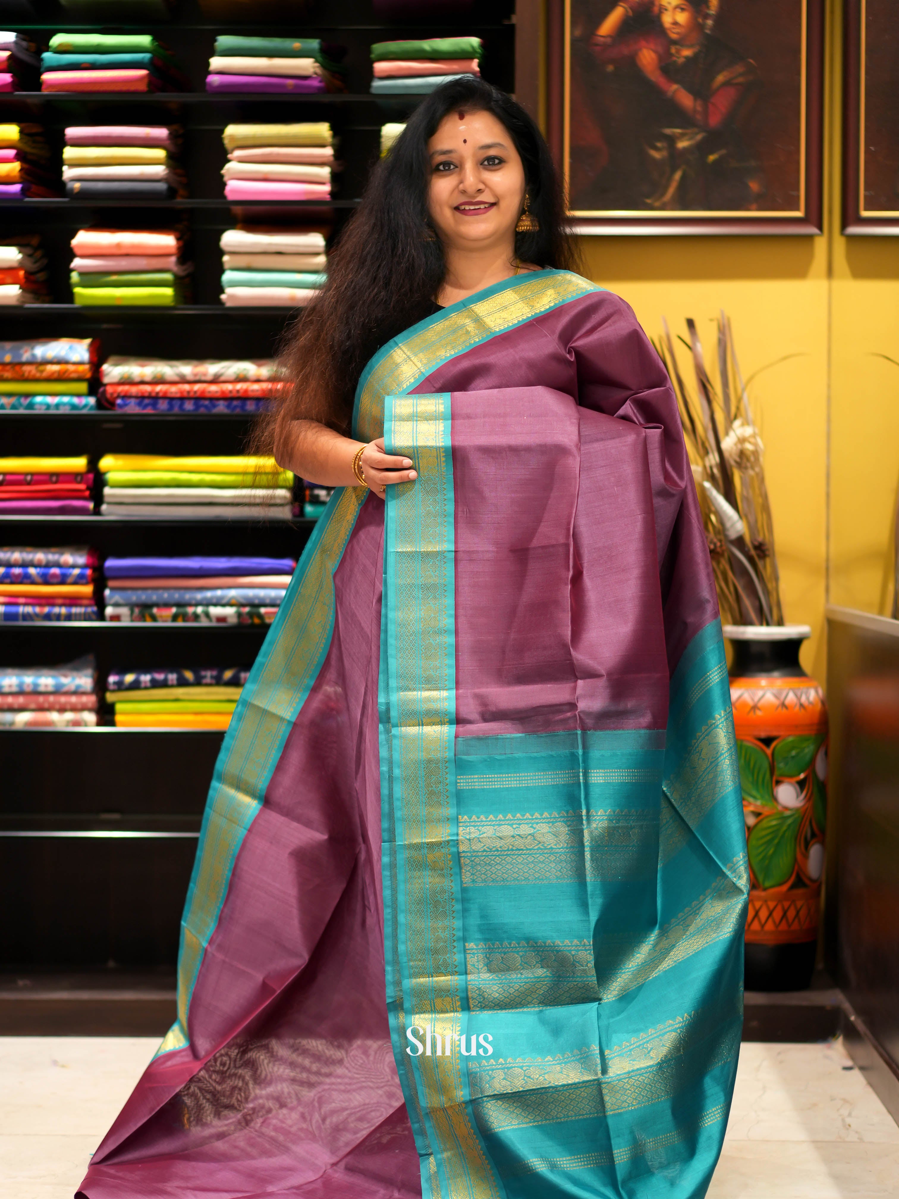 Brown & Teal - Silk cotton Saree - Shop on ShrusEternity.com