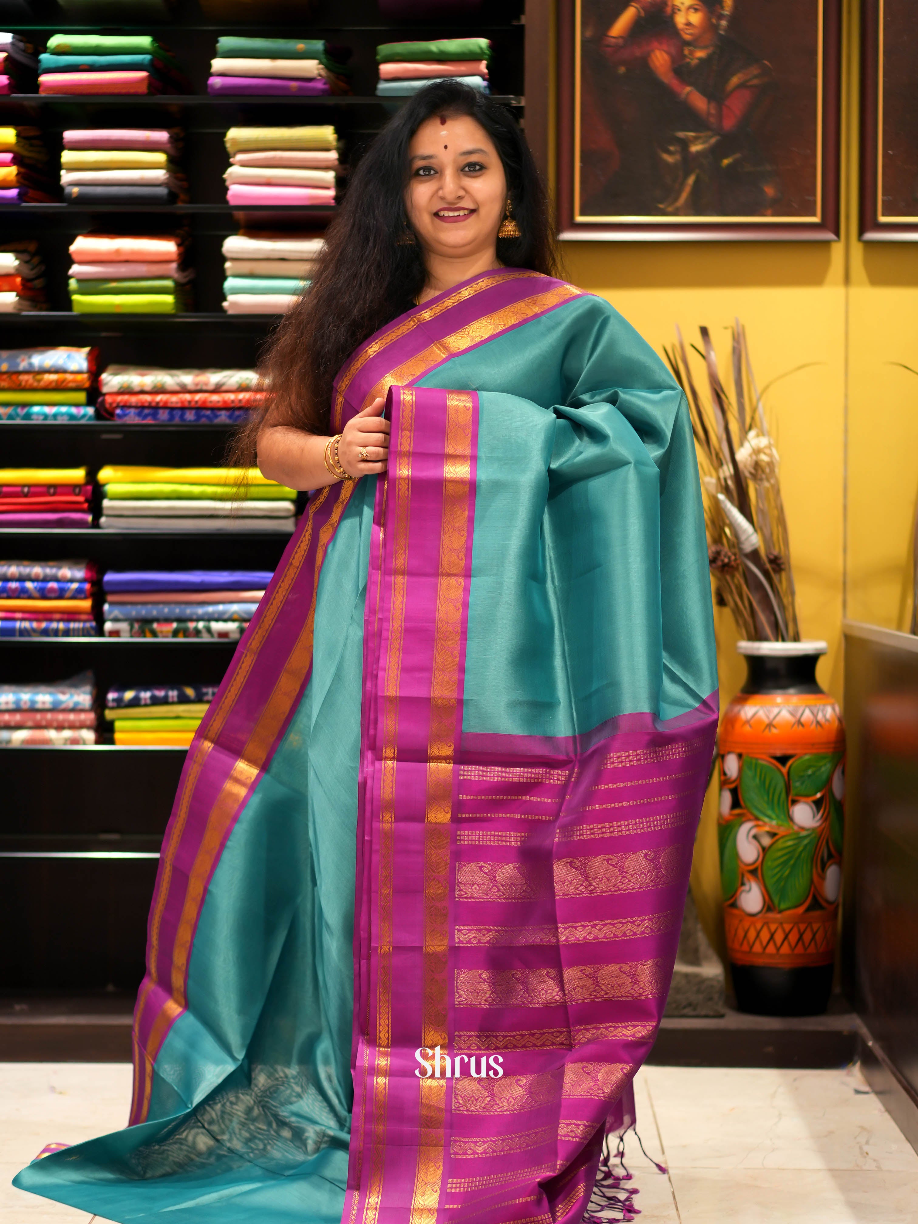 Green & Majenta - Silk cotton Saree - Shop on ShrusEternity.com