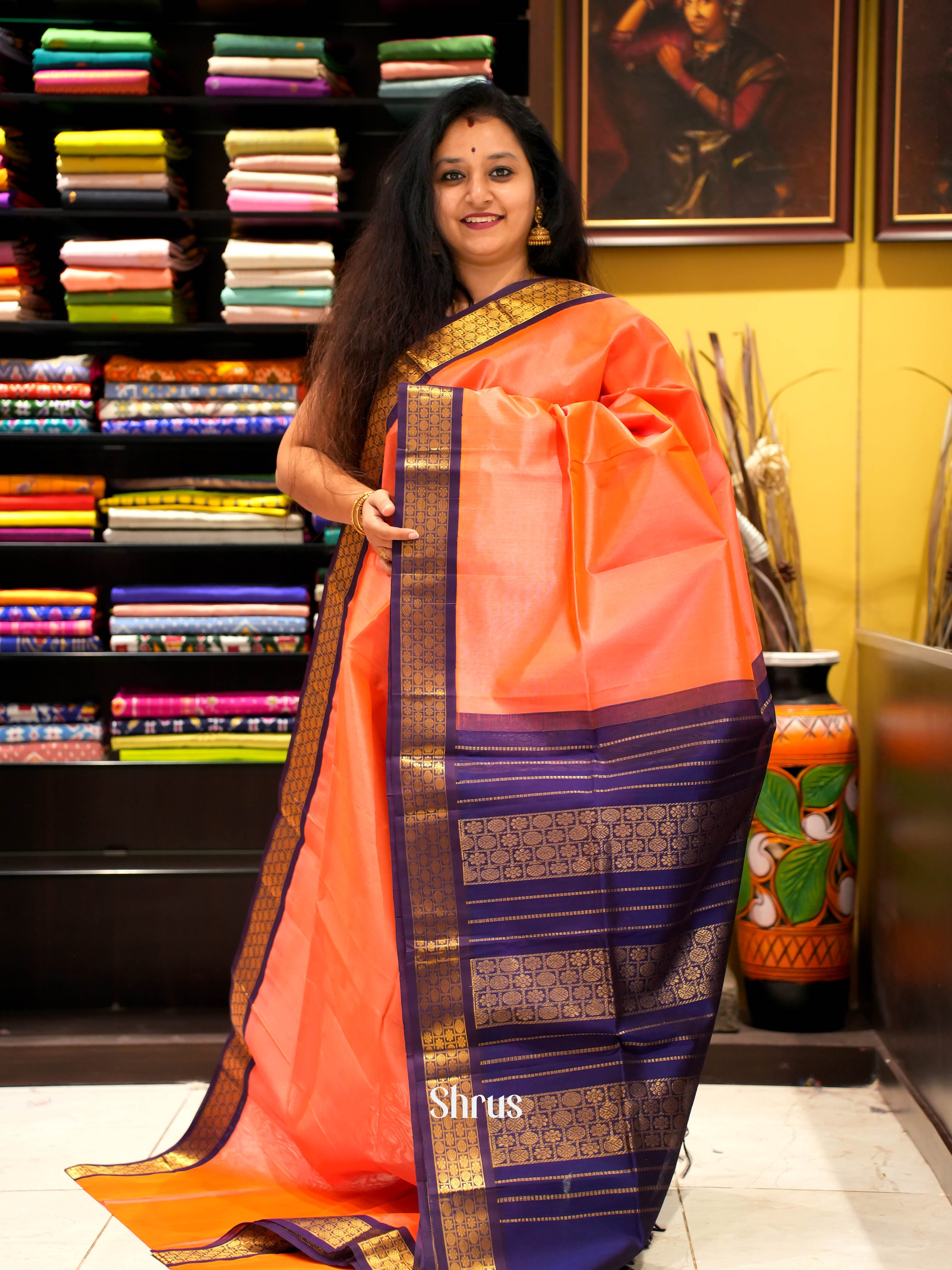 Peach & Blue - Silk Cotton Saree - Shop on ShrusEternity.com