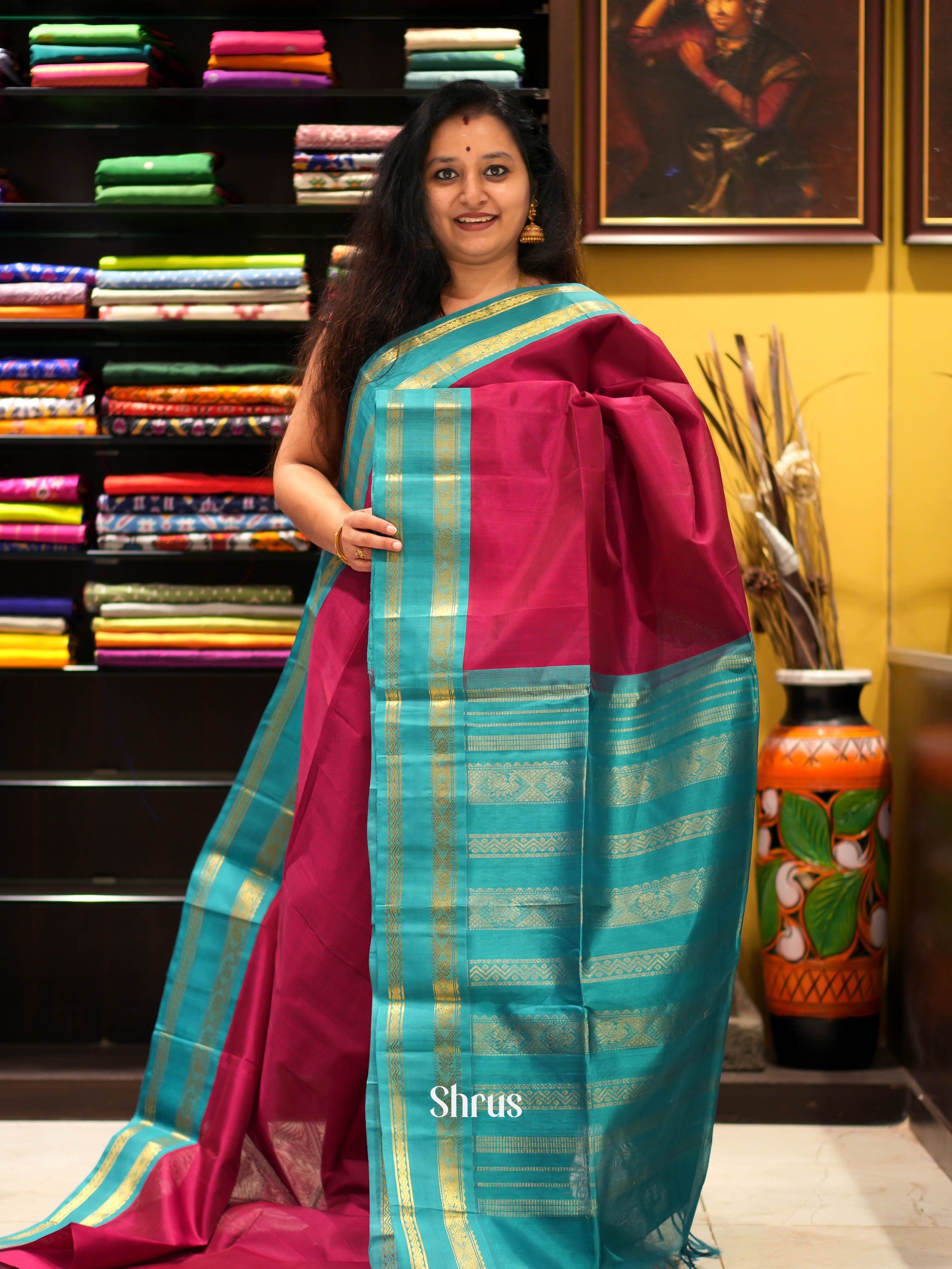 Purple & Teal - Silk Cotton Saree - Shop on ShrusEternity.com