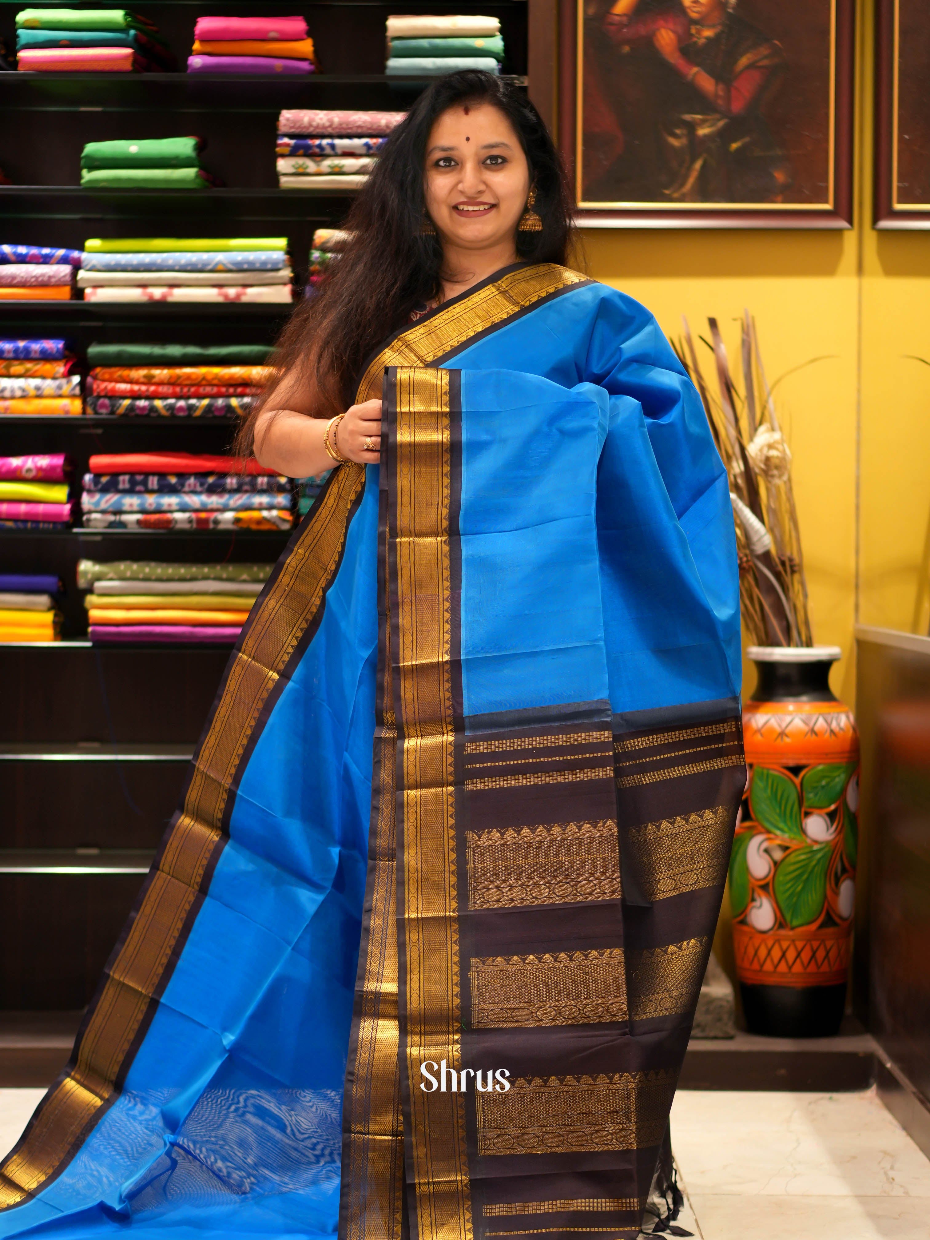 Blue & Brown - Silk Cotton Saree - Shop on ShrusEternity.com
