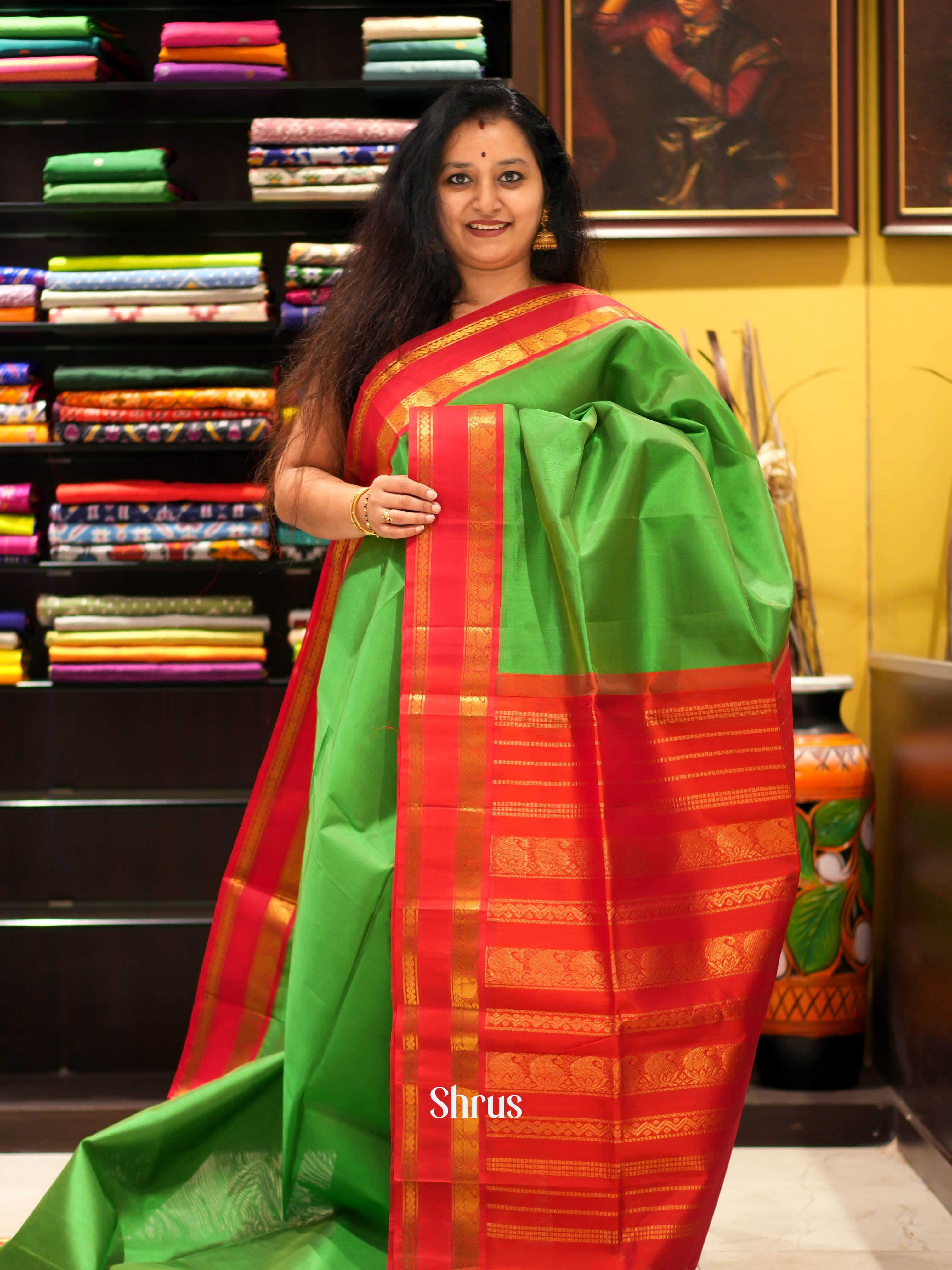 Green & Red - Silk Cotton Saree - Shop on ShrusEternity.com