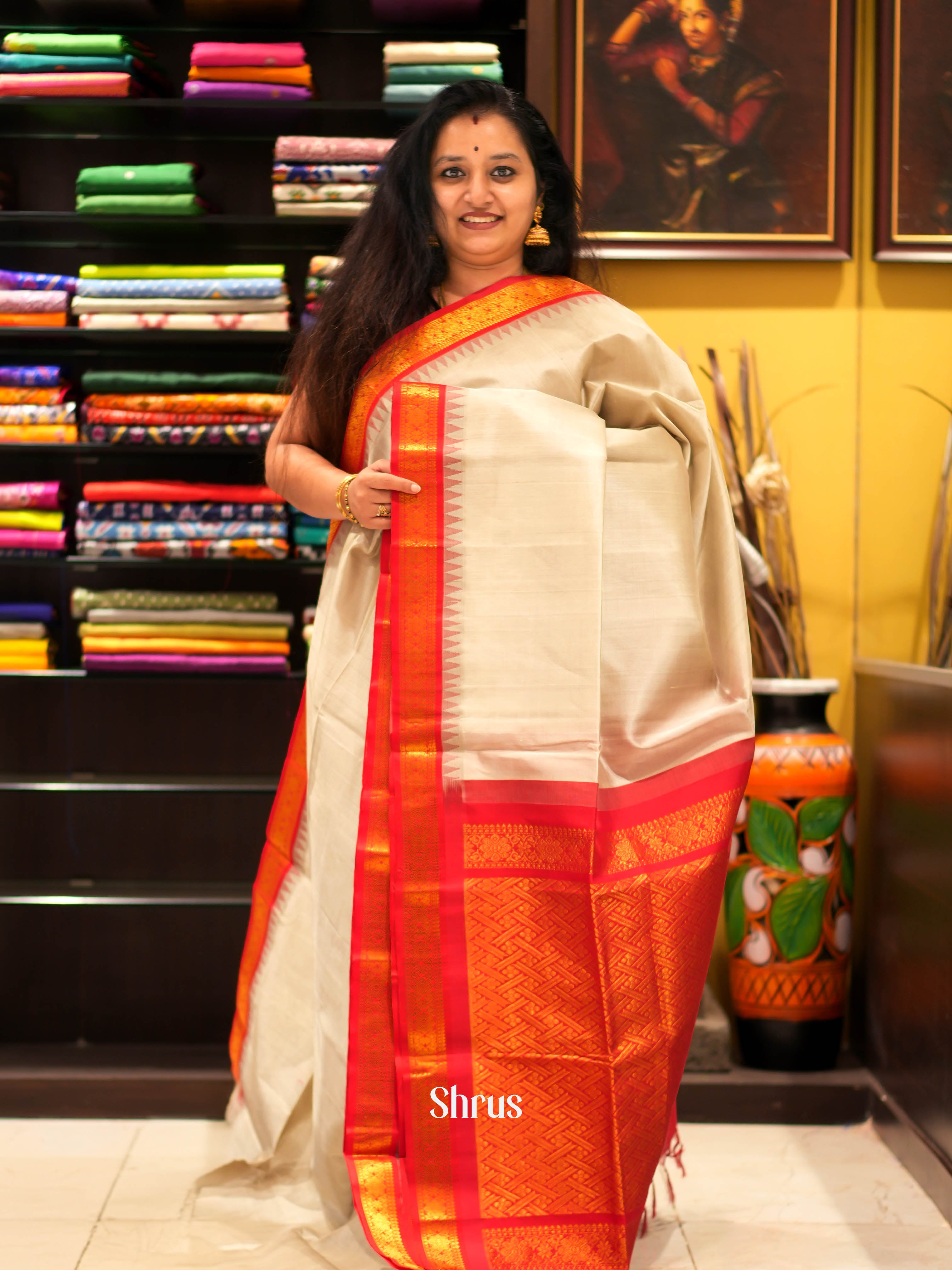 Cream & Red - Silk Cotton Saree - Shop on ShrusEternity.com