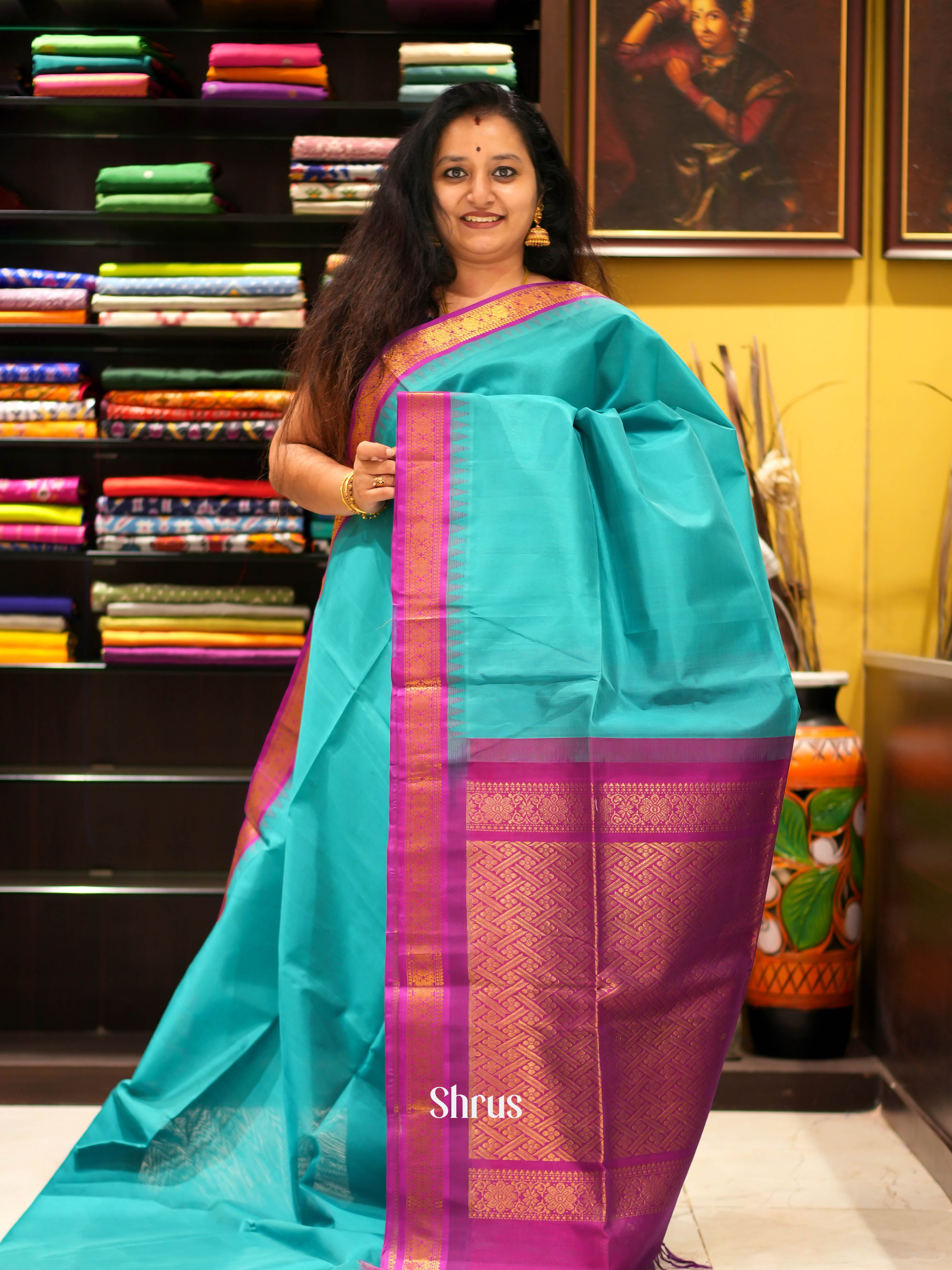 Teal & Purple - Silk Cotton Saree - Shop on ShrusEternity.com