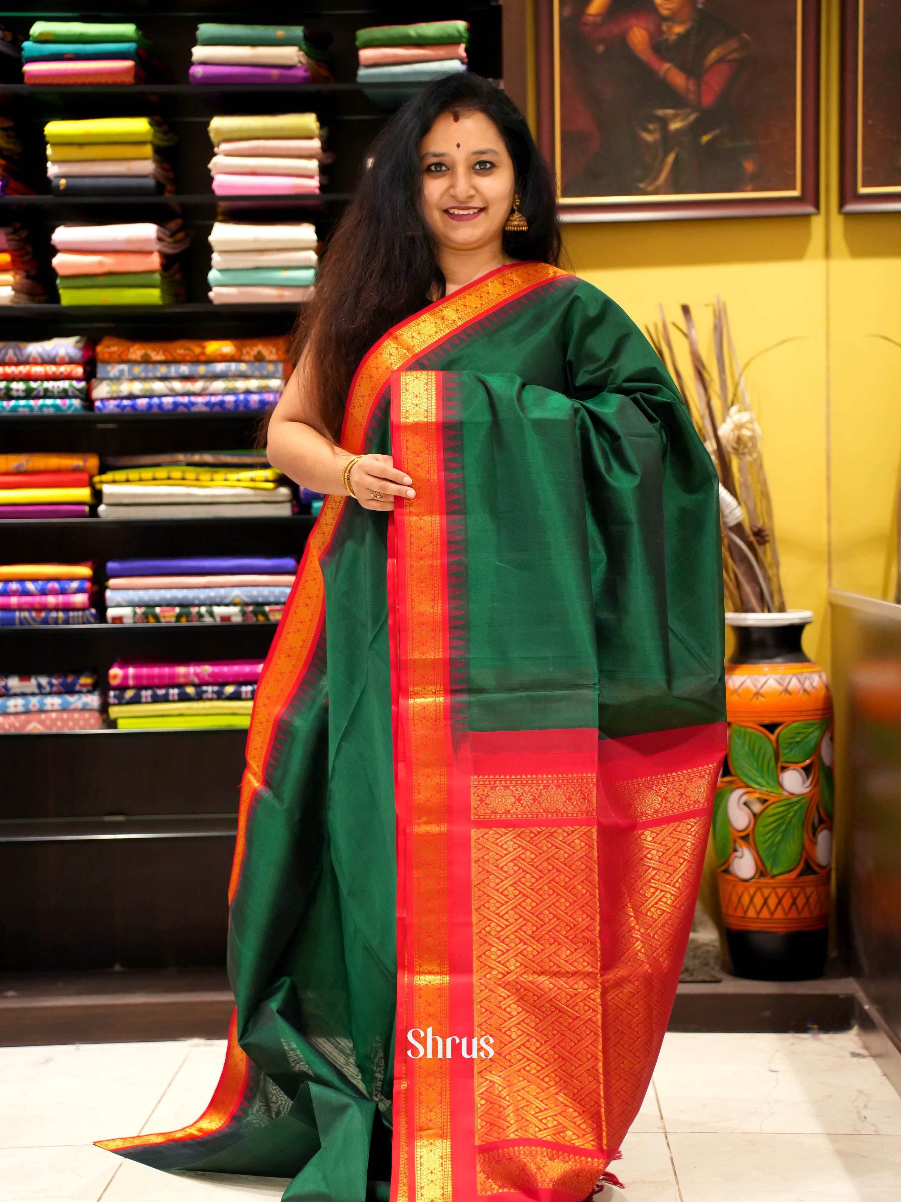 Green & Red - Silk Cotton Saree - Shop on ShrusEternity.com
