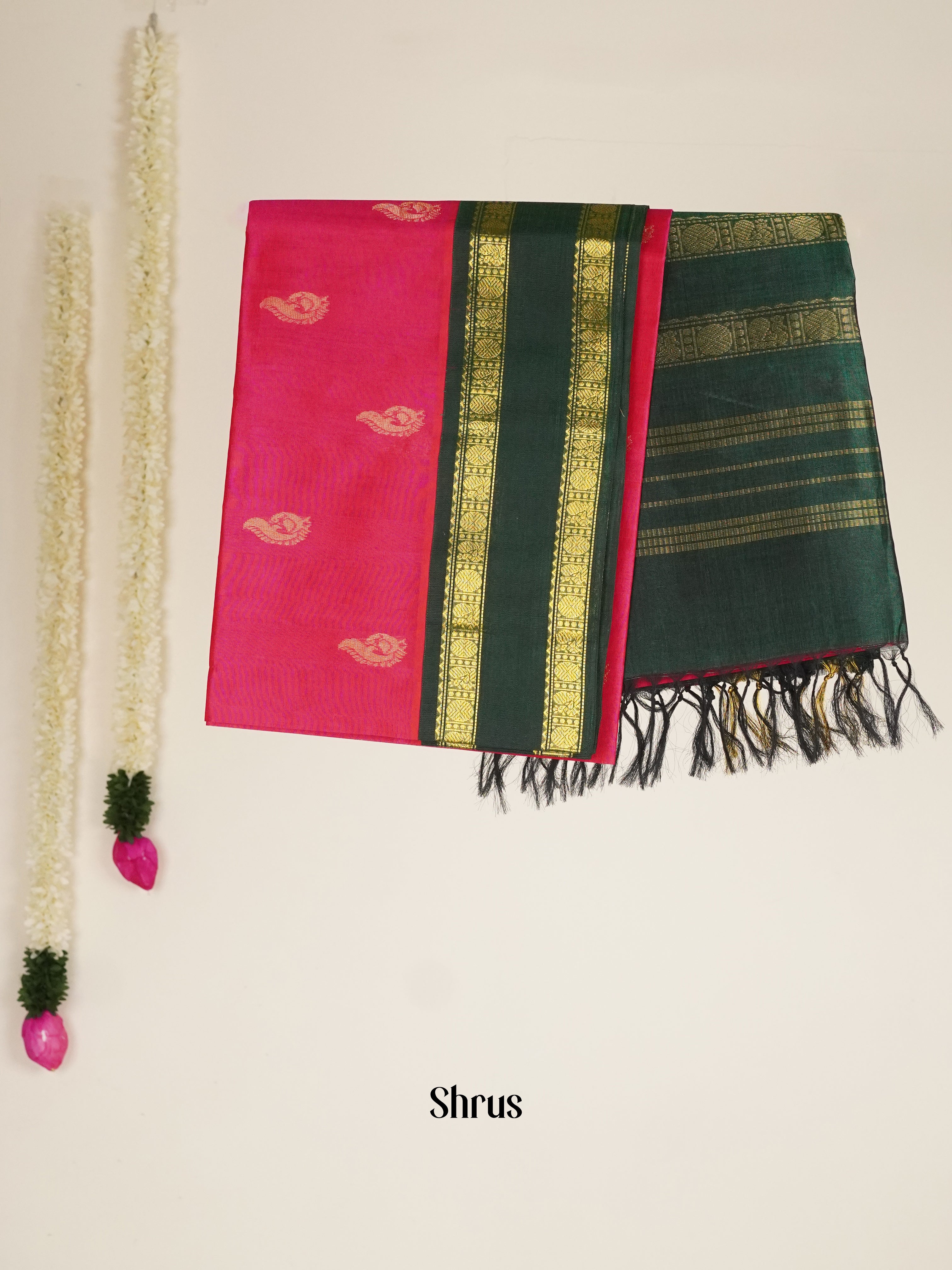 Pink & Bottle Green - Silk Cotton Saree - Shop on ShrusEternity.com