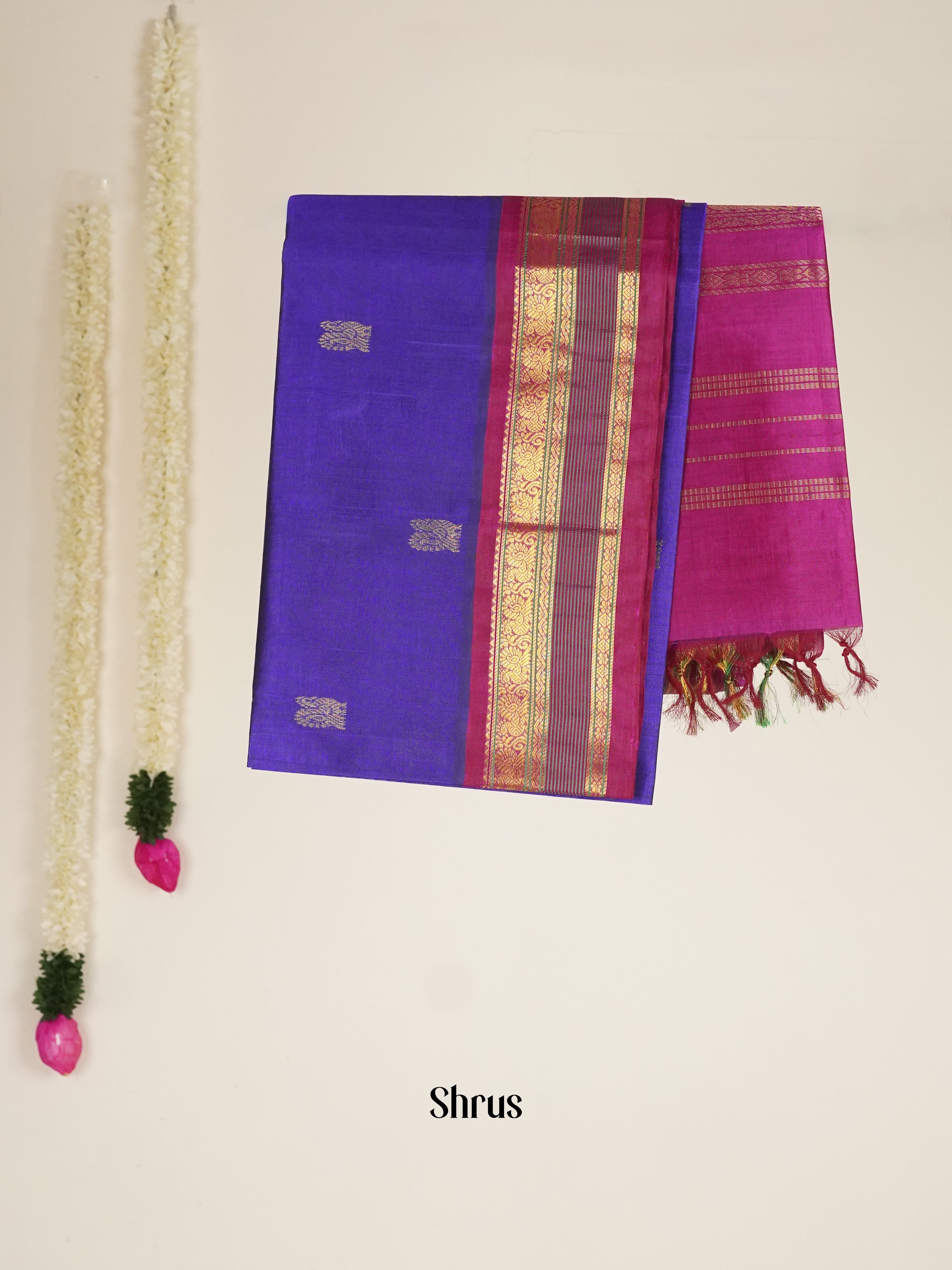 Blue & Pink - Silk Cotton Saree - Shop on ShrusEternity.com