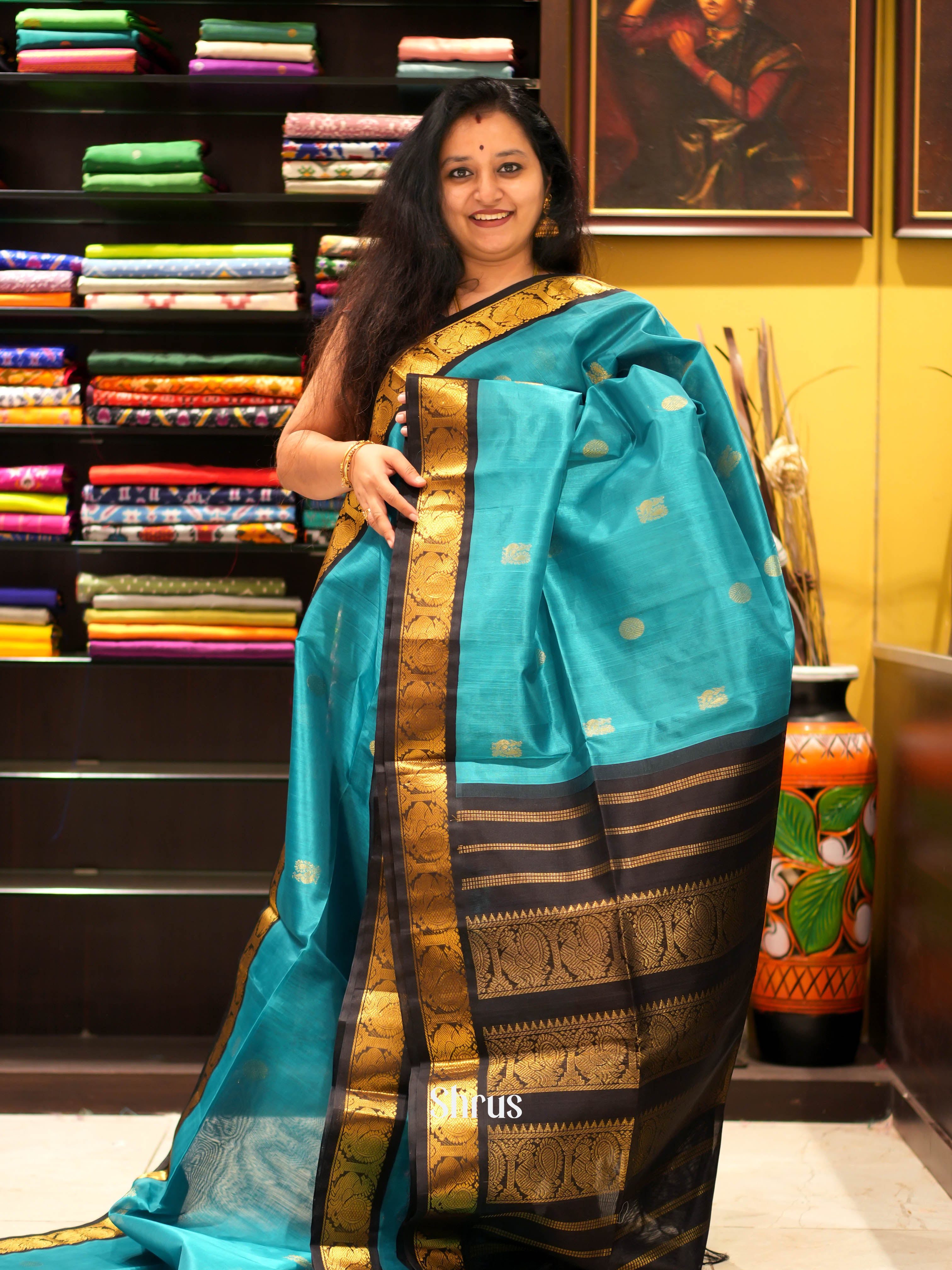 Blue & Brown - Silk Cotton Saree - Shop on ShrusEternity.com