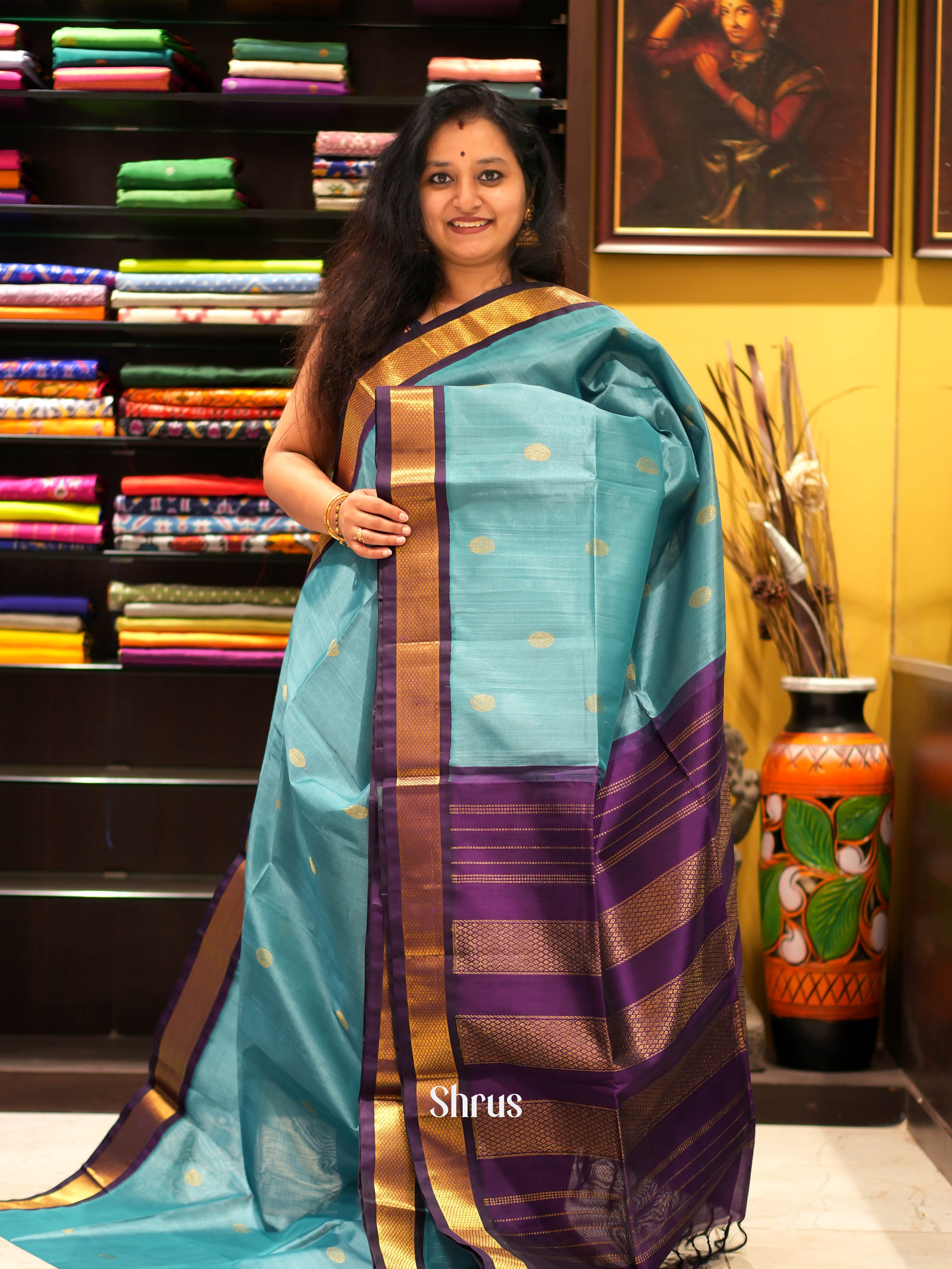 Blue & Purple - Silk Cotton Saree - Shop on ShrusEternity.com