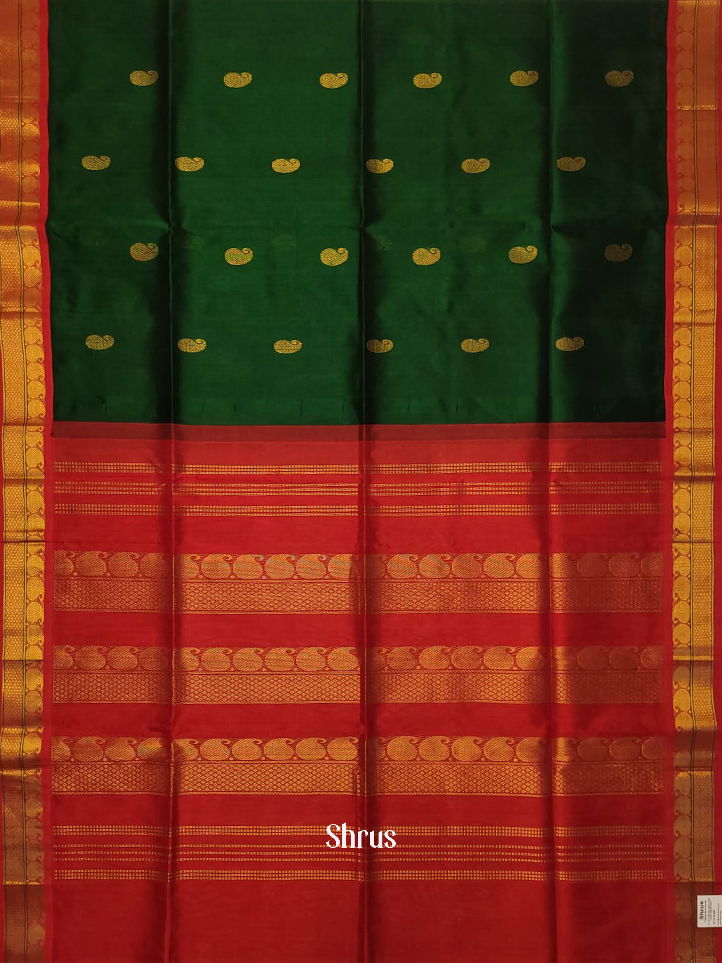 Bottle Green & Red - Silk Cotton Saree - Shop on ShrusEternity.com