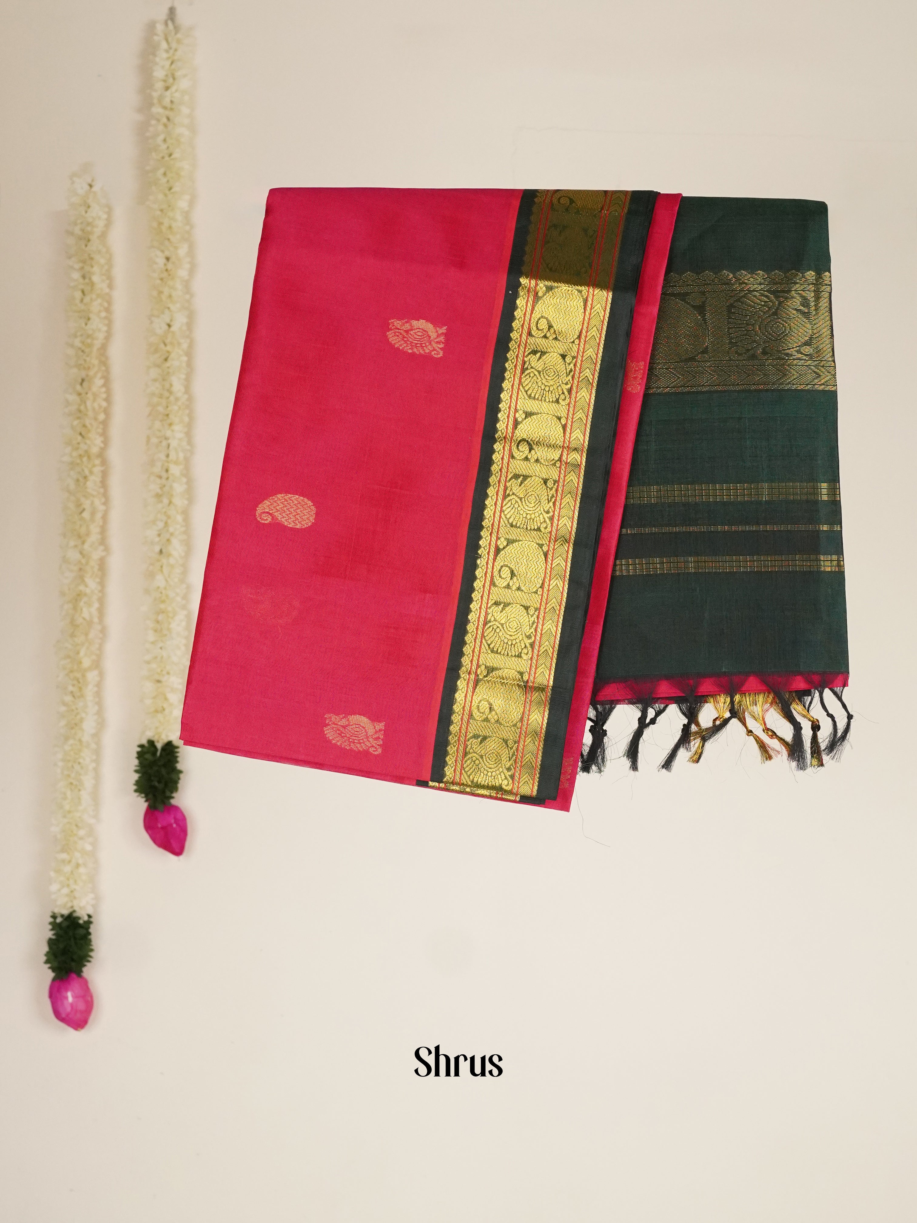 Pink & Bottle Green - Silk Cotton Saree - Shop on ShrusEternity.com