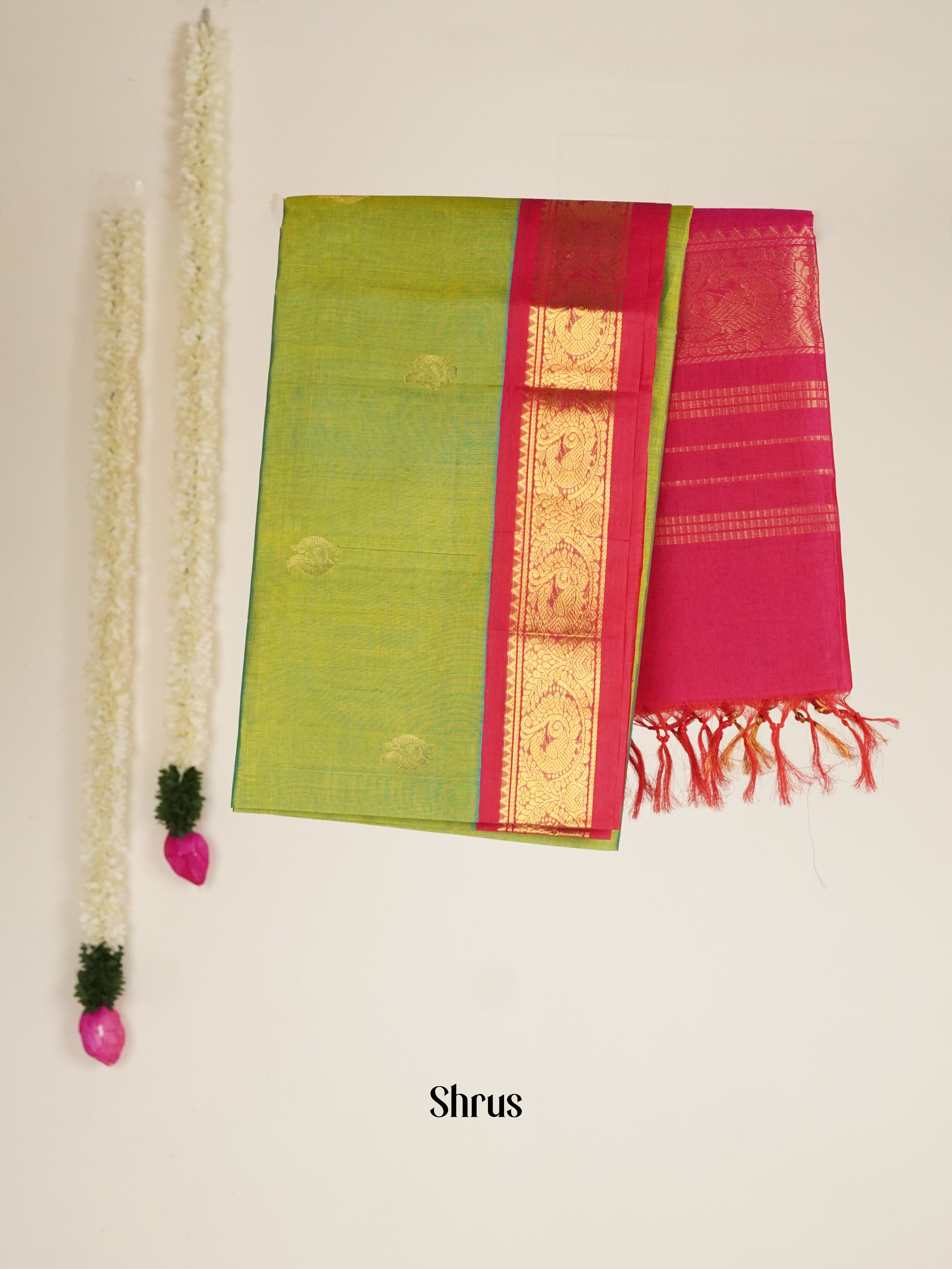 Green & Pink - Silk Cotton Saree - Shop on ShrusEternity.com