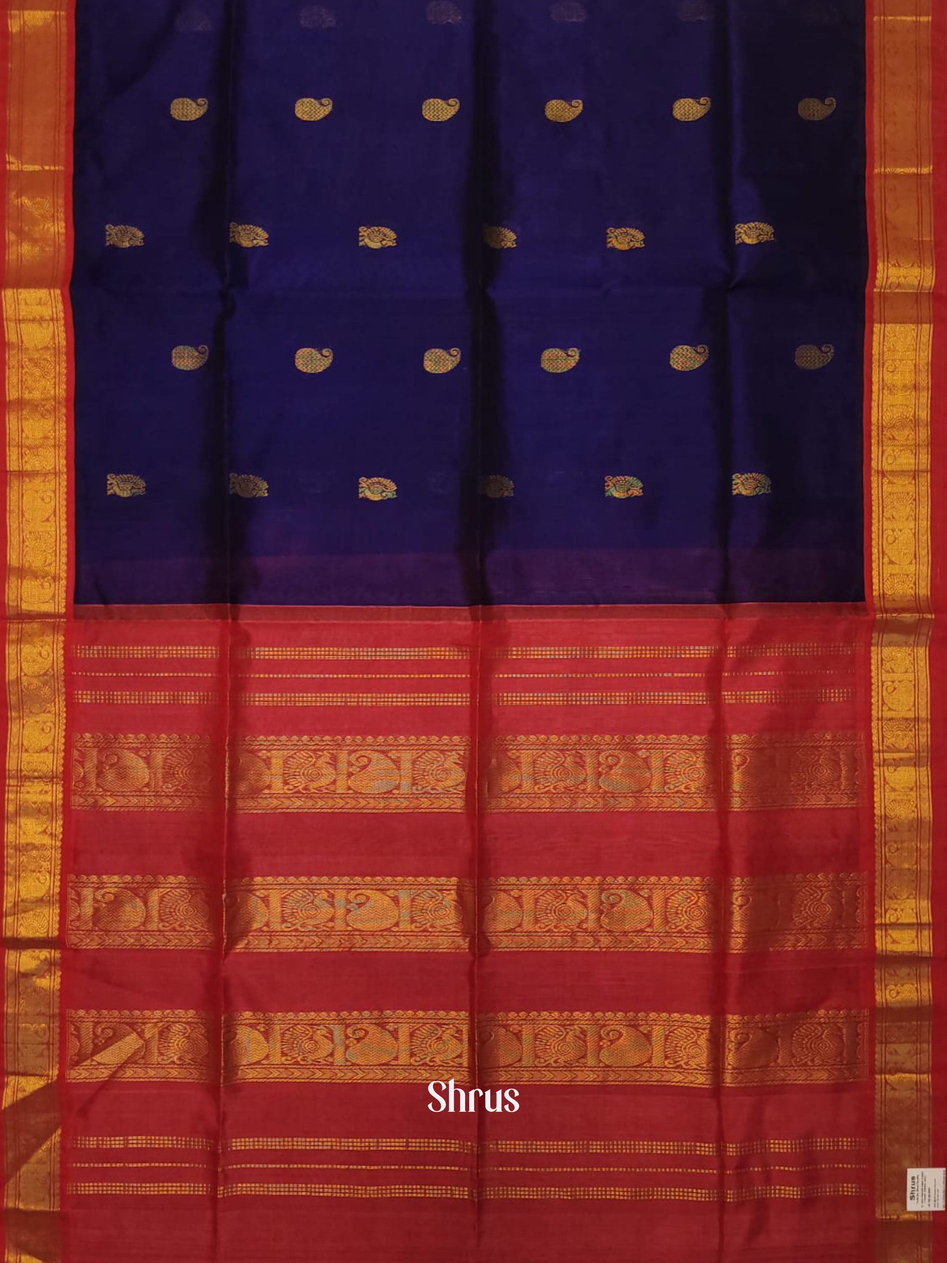 Blue & Red - Silk Cotton Saree - Shop on ShrusEternity.com
