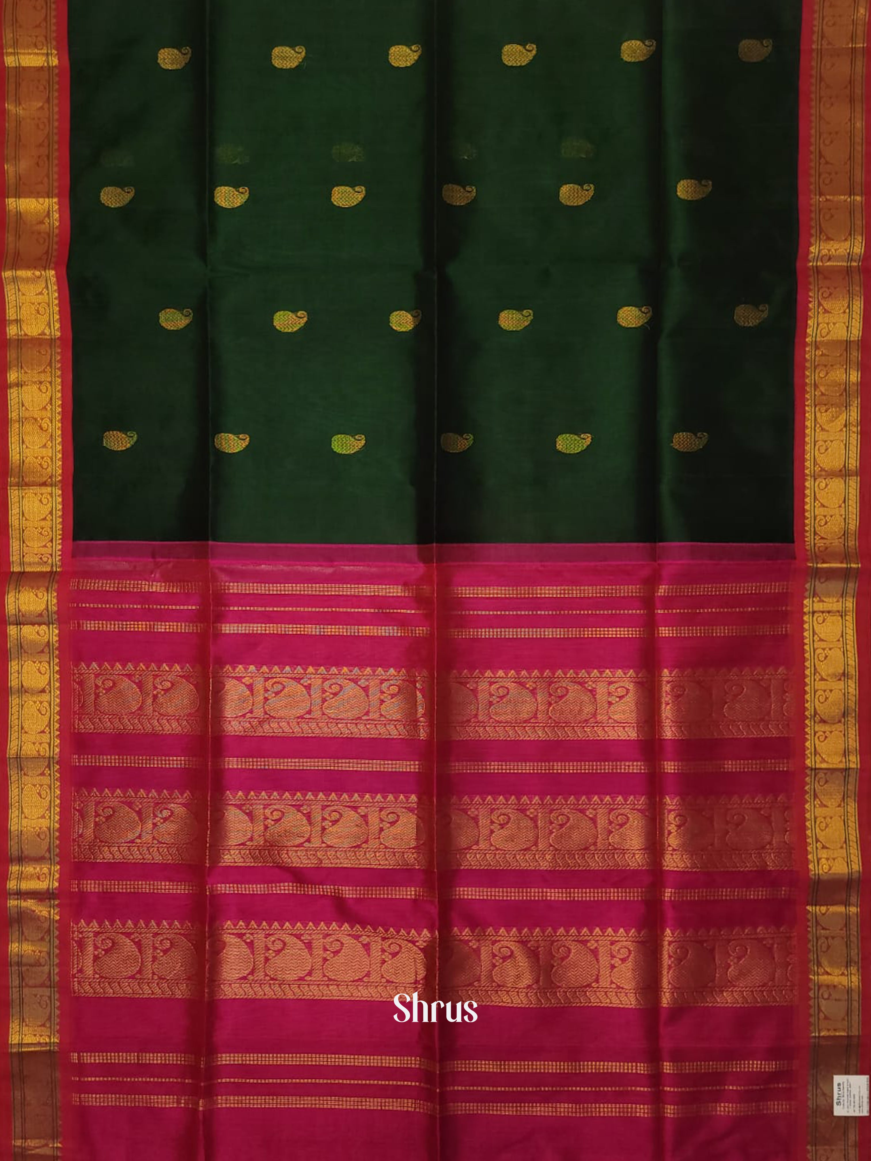 Bottle Green & Pink - Silk Cotton Saree - Shop on ShrusEternity.com