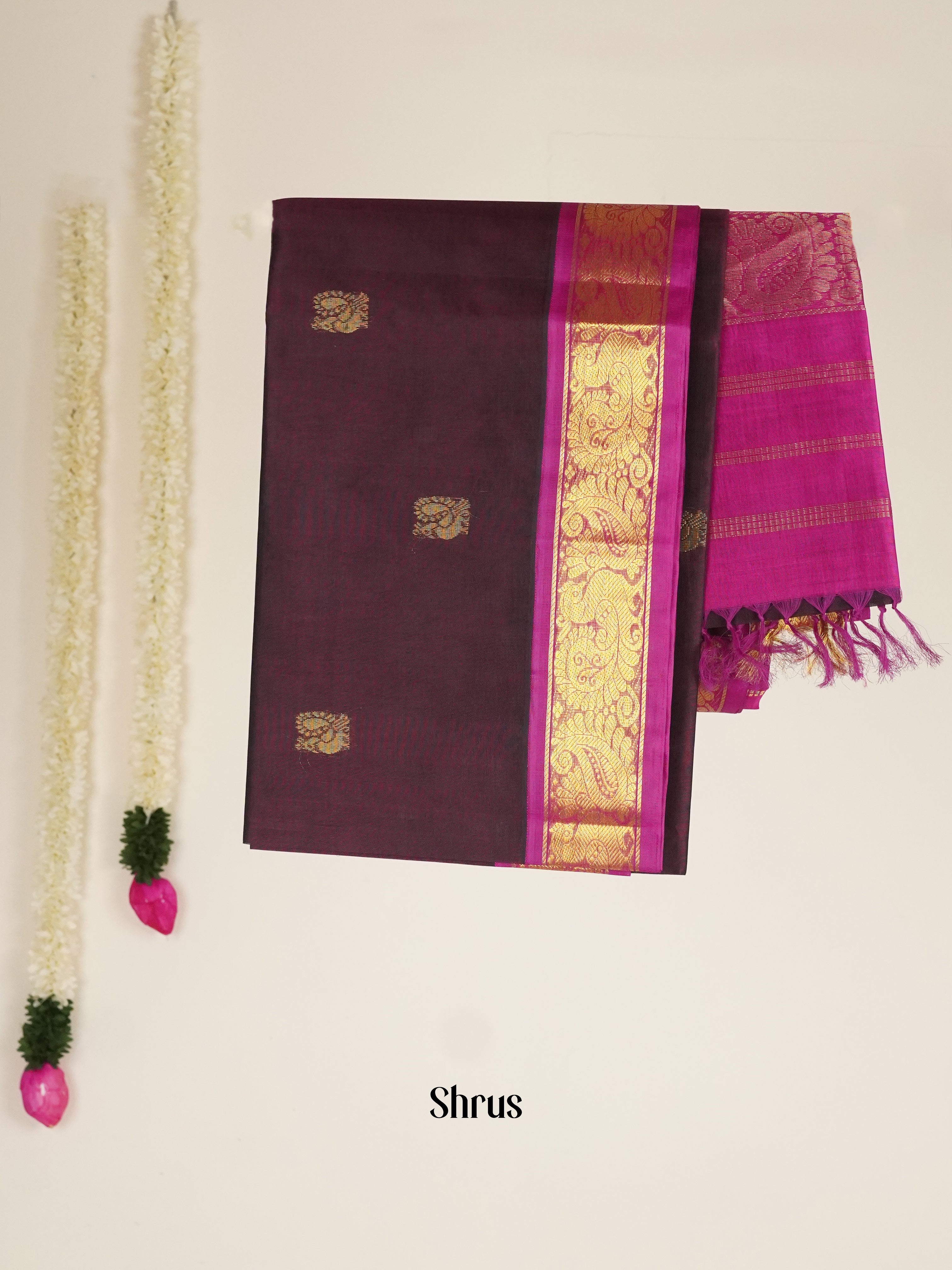 Brown & Pink - Silk Cotton Saree - Shop on ShrusEternity.com