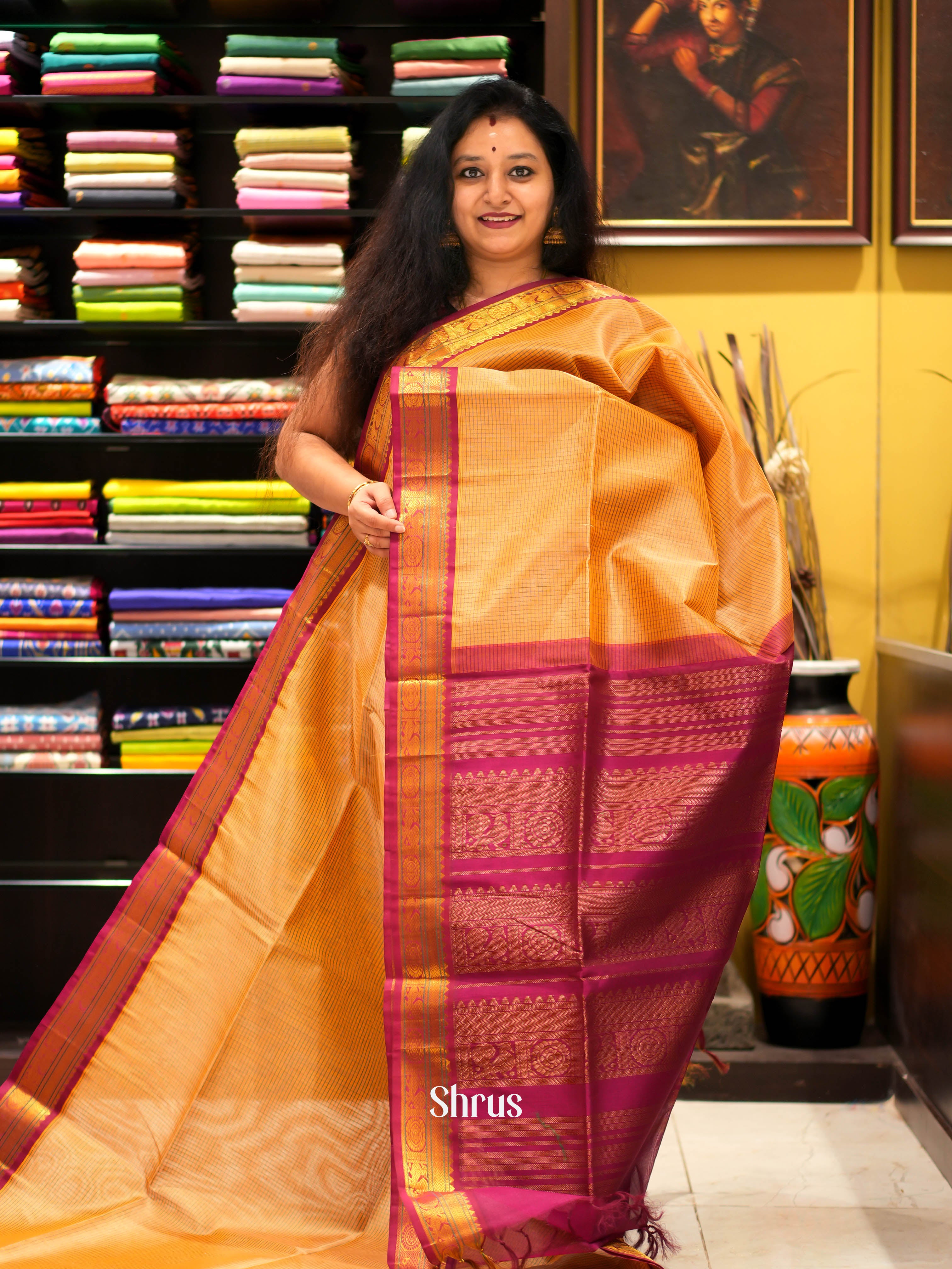 Sandal & Maroon - Silk Cotton Saree - Shop on ShrusEternity.com