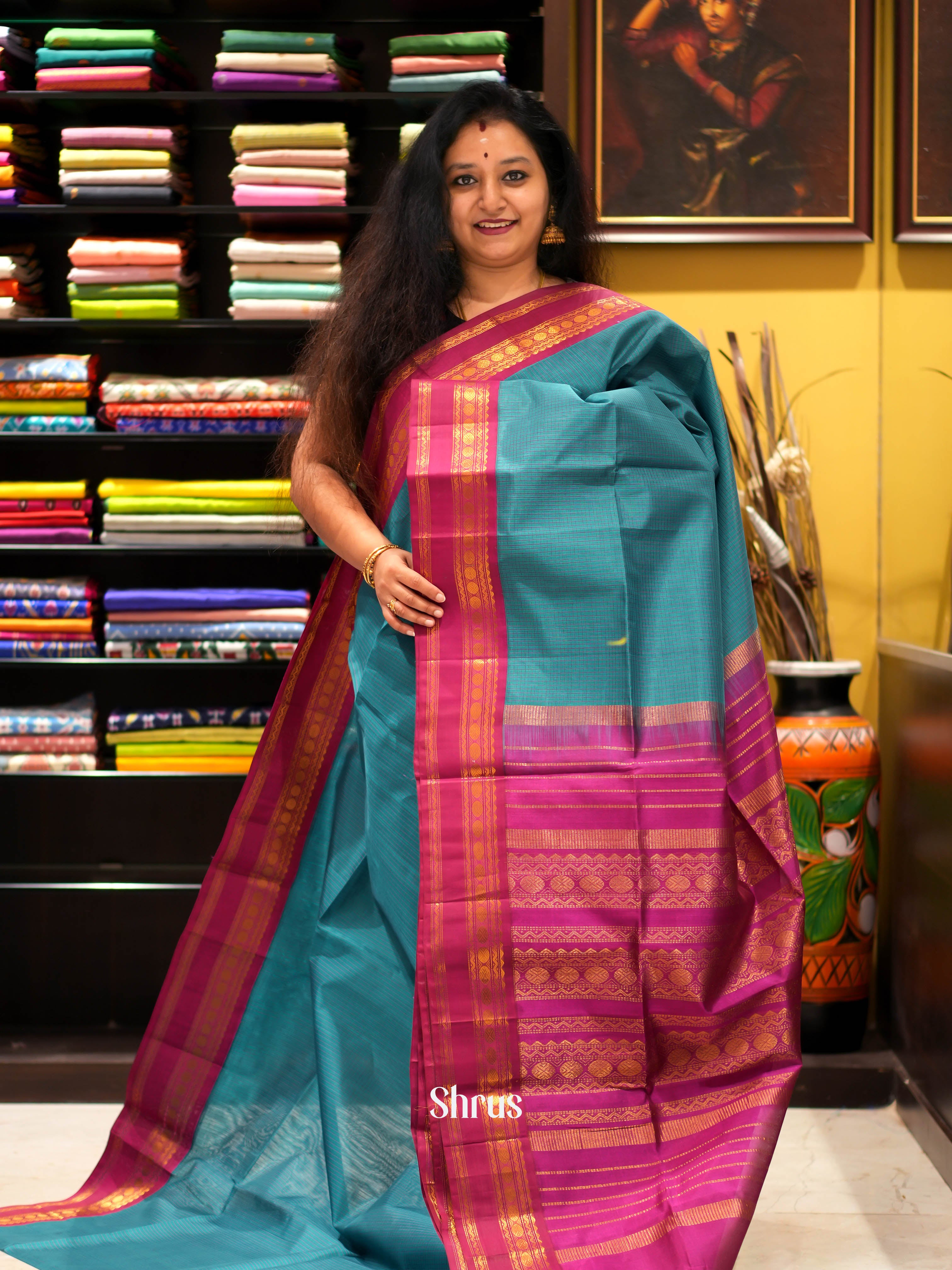 Blue & Maroon - Silk Cotton Saree - Shop on ShrusEternity.com