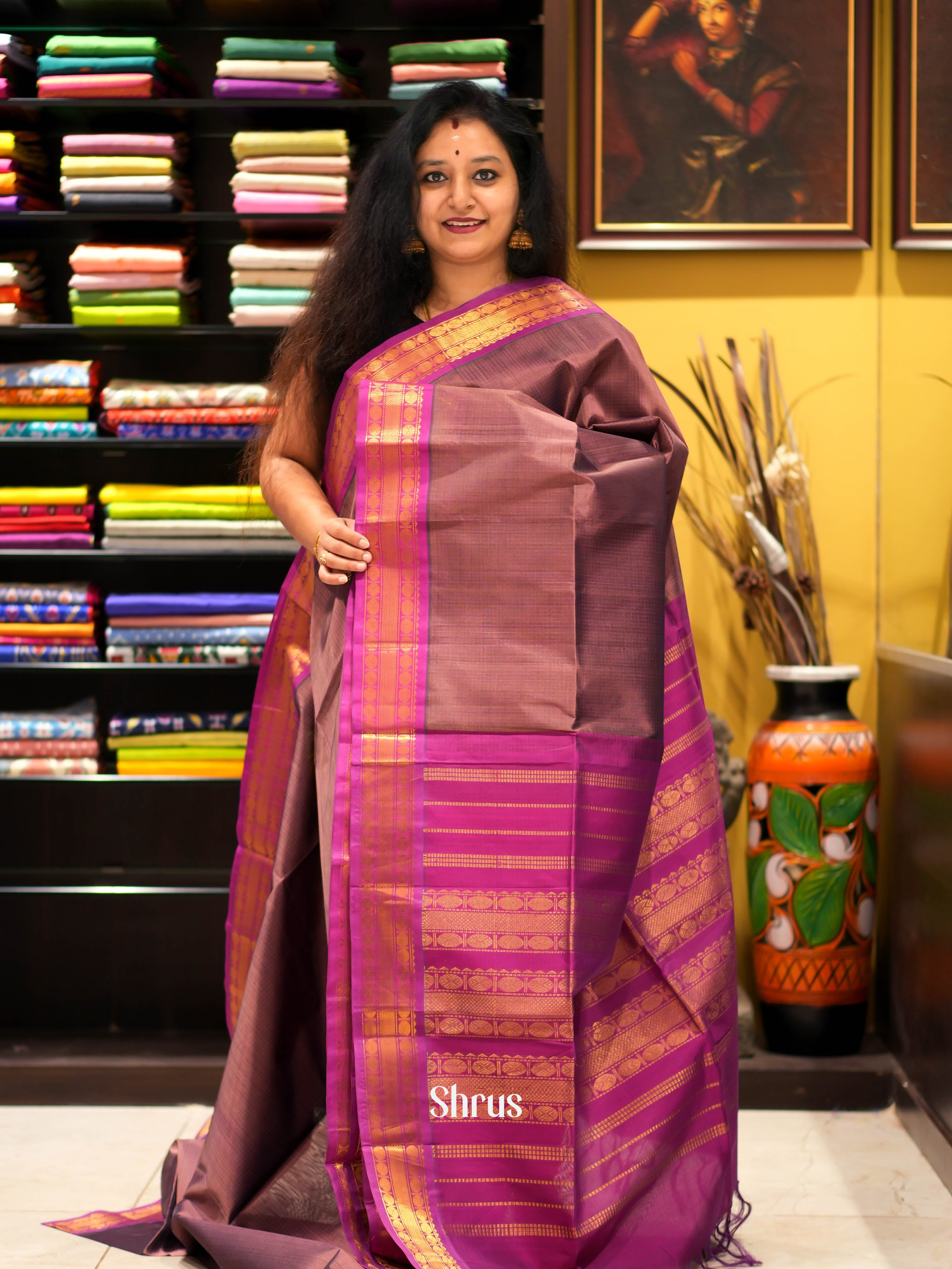 Brown & Majenta - Silk Cotton Saree - Shop on ShrusEternity.com