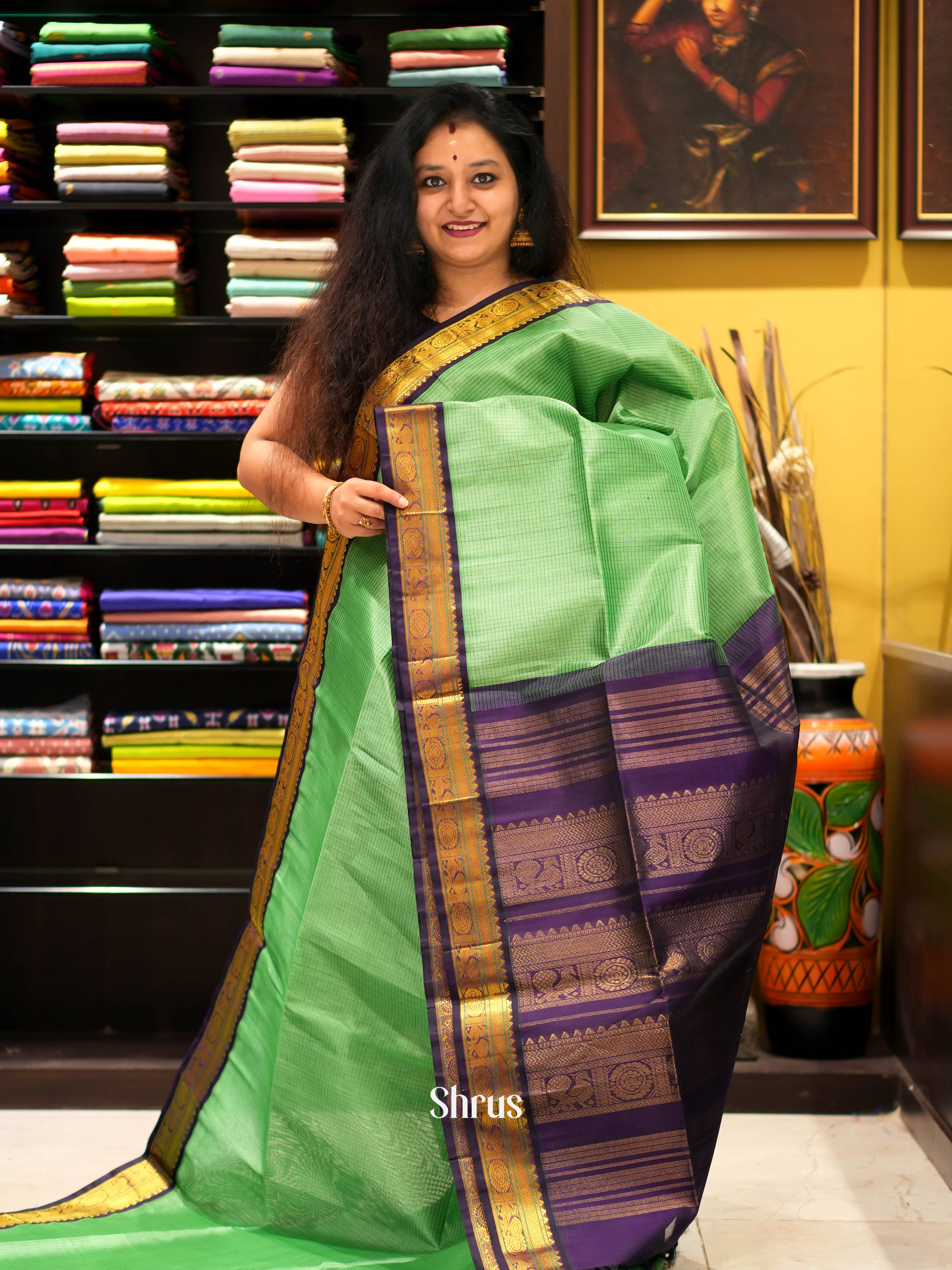 Pista Green & Violet - Silk Cotton Saree - Shop on ShrusEternity.com