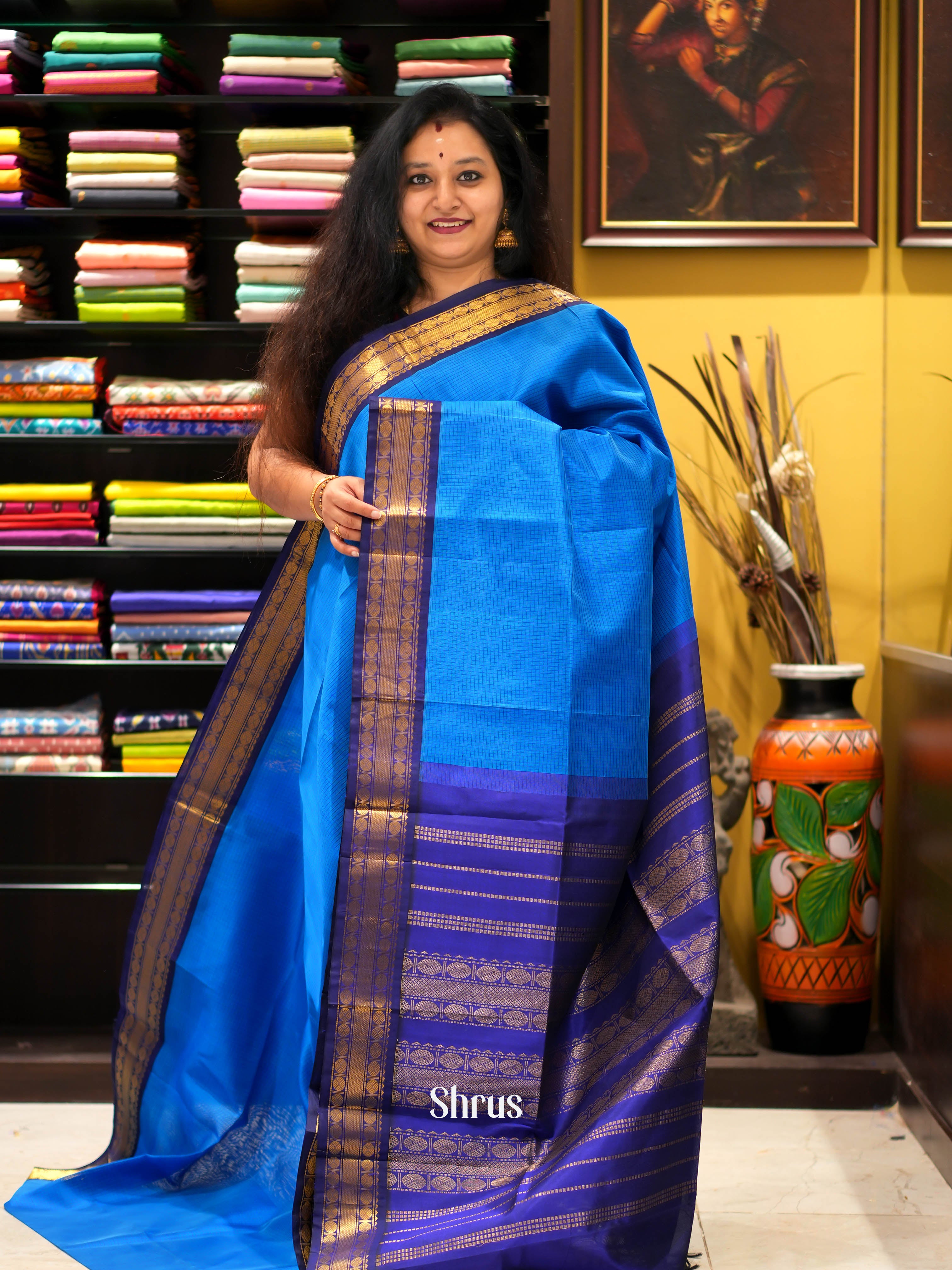 Blue - Silk Cotton Saree - Shop on ShrusEternity.com