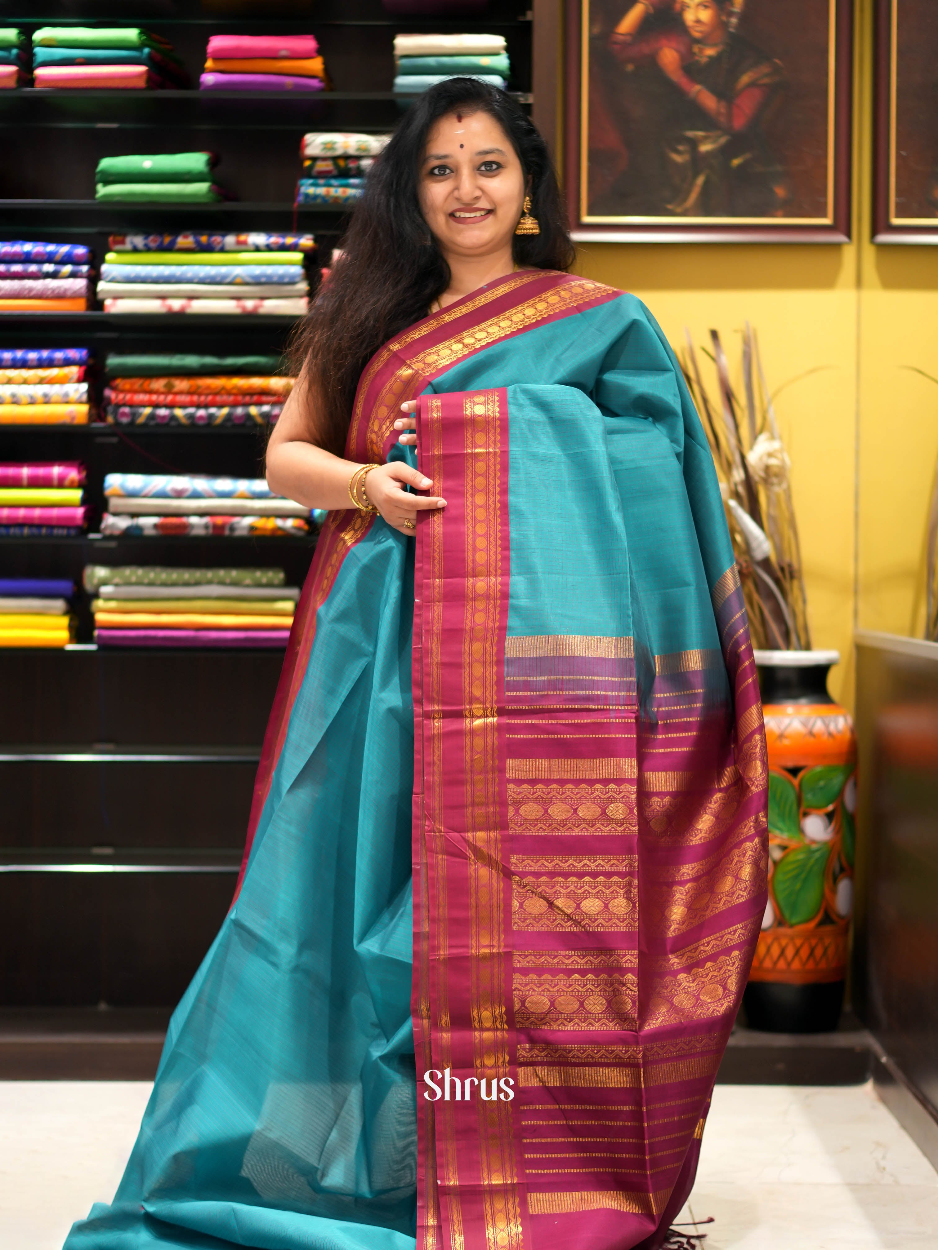 Blue & Maroon - Silk Cotton Saree - Shop on ShrusEternity.com