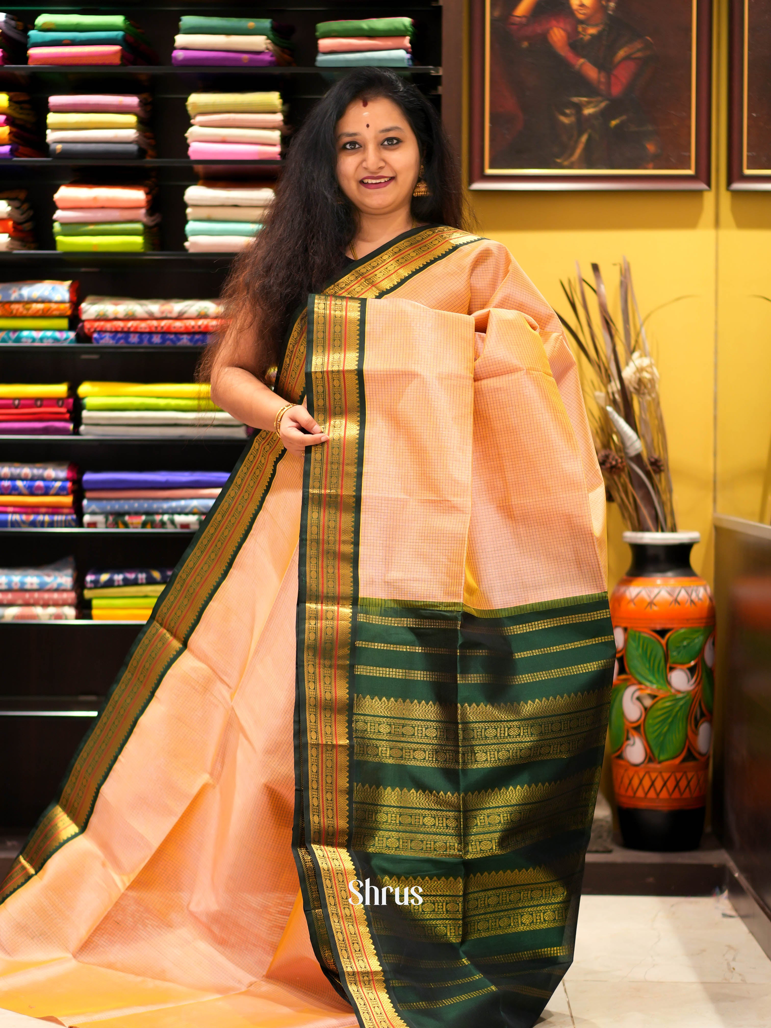 Peach & Green - Silk Cotton Saree - Shop on ShrusEternity.com