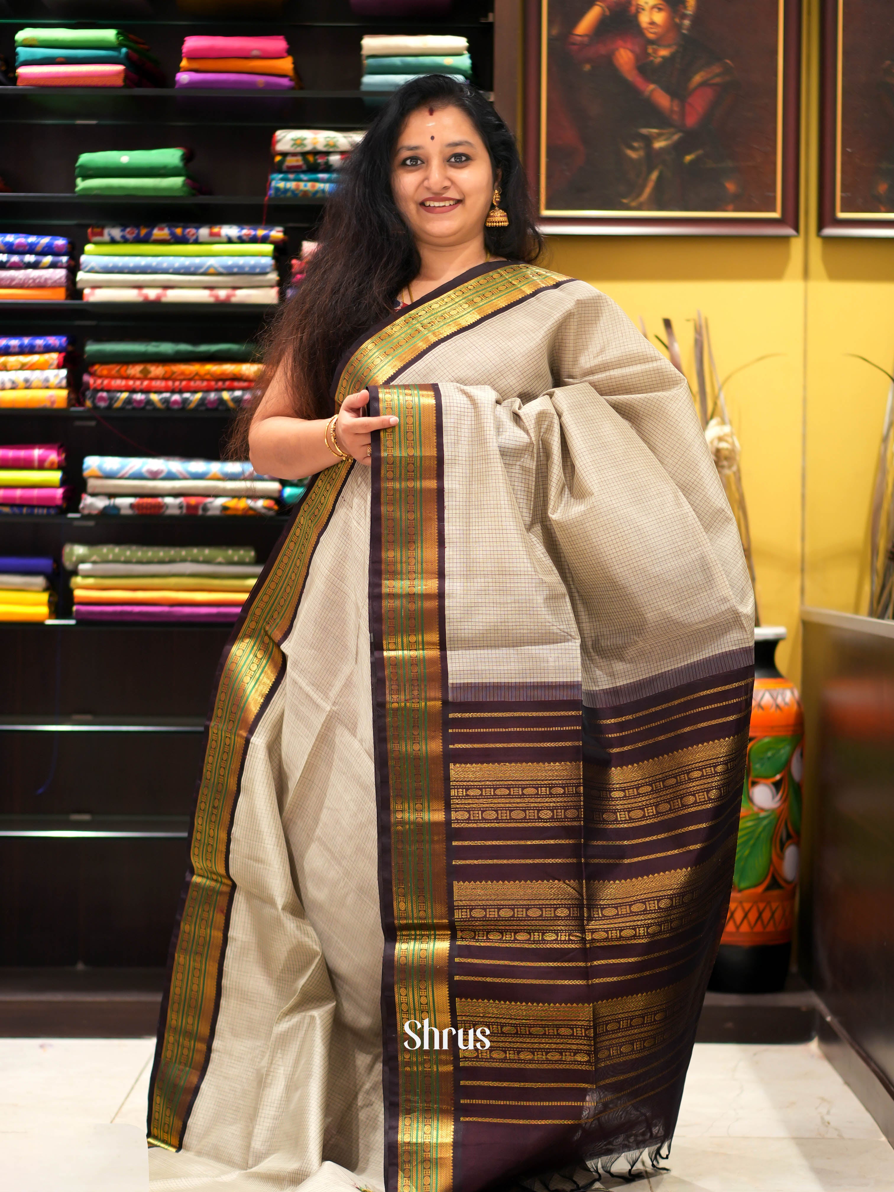 Grey & Brown - Silk Cotton Saree - Shop on ShrusEternity.com