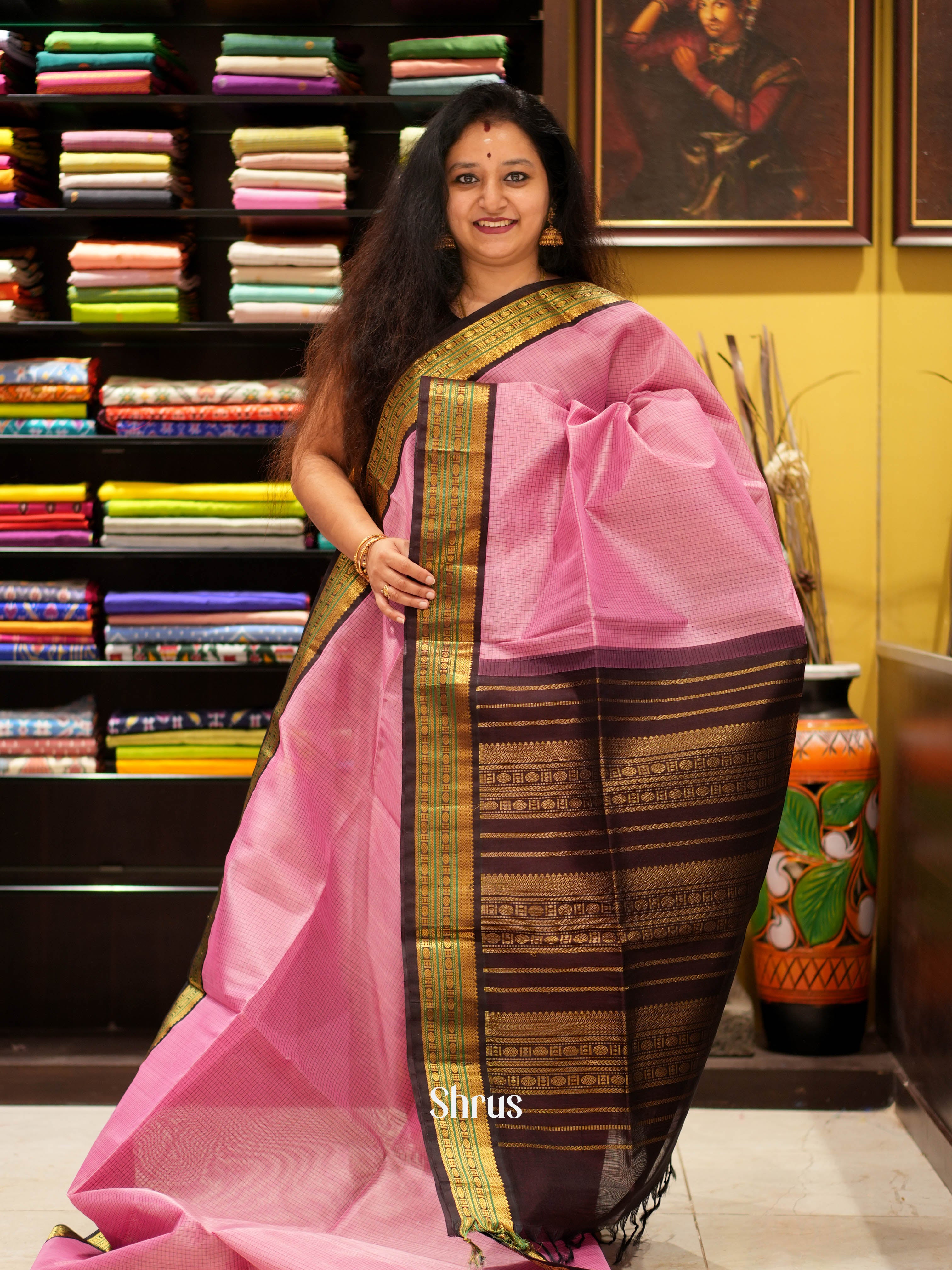 Pink & Brown - Silk Cotton Saree - Shop on ShrusEternity.com