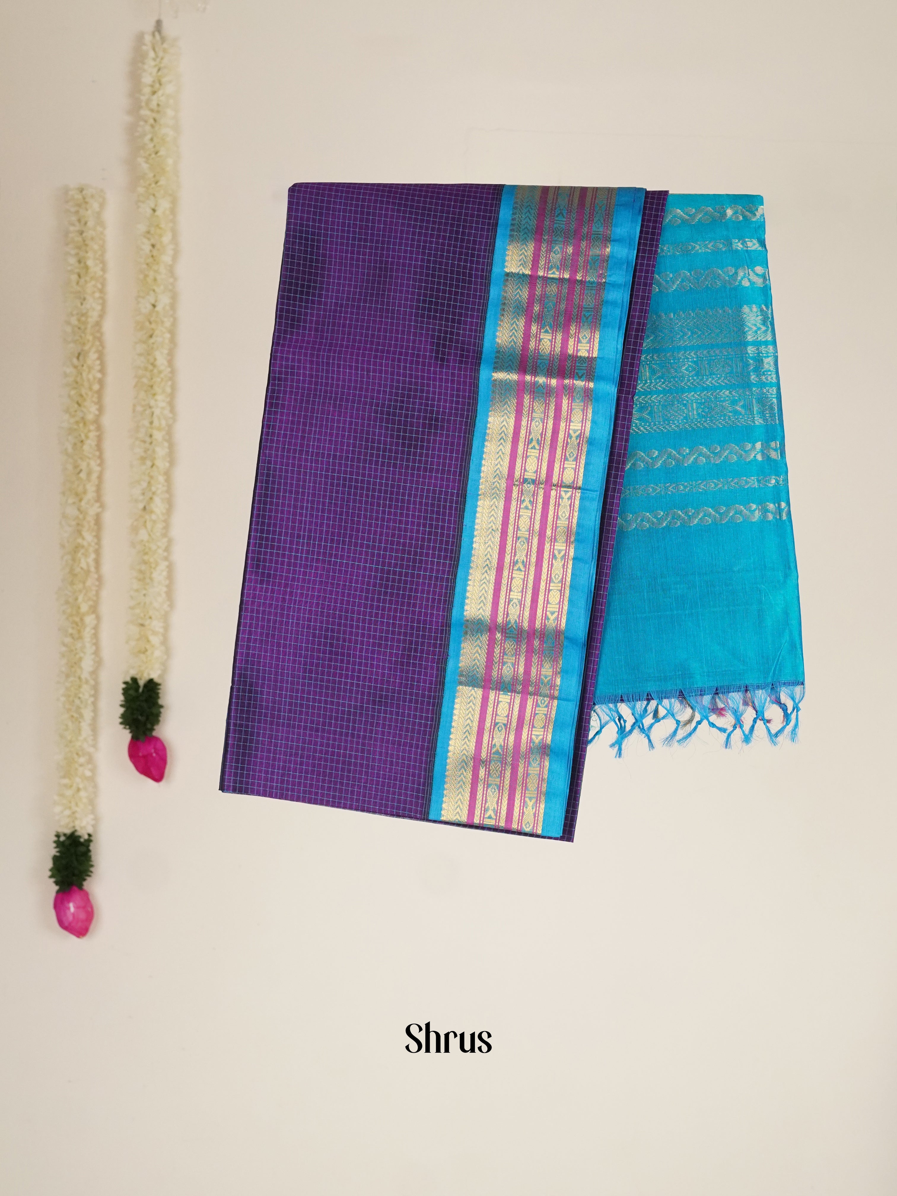 Purple & Blue - Silk Cotton Saree - Shop on ShrusEternity.com