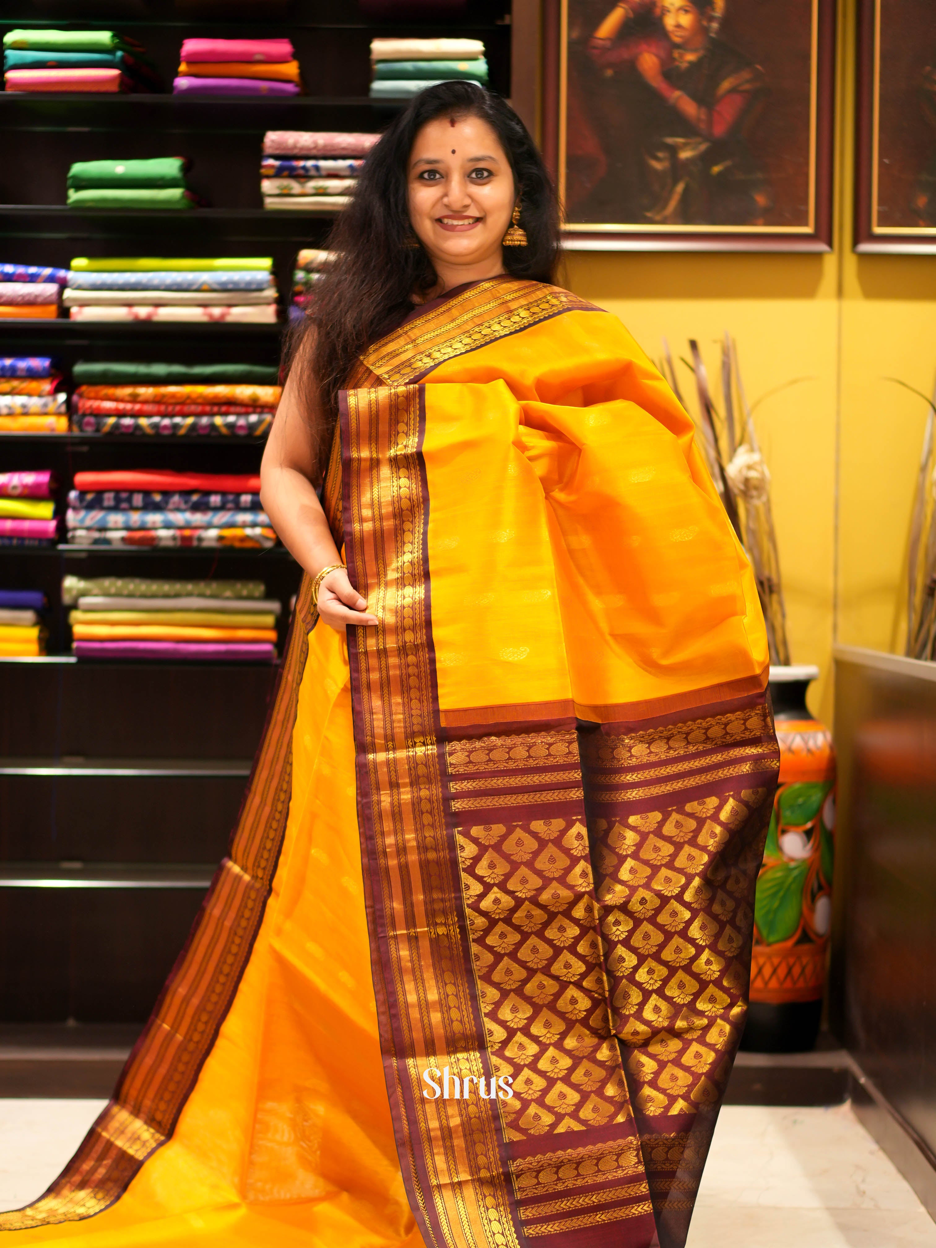 Mustard & Brown - Silk Cotton Saree - Shop on ShrusEternity.com