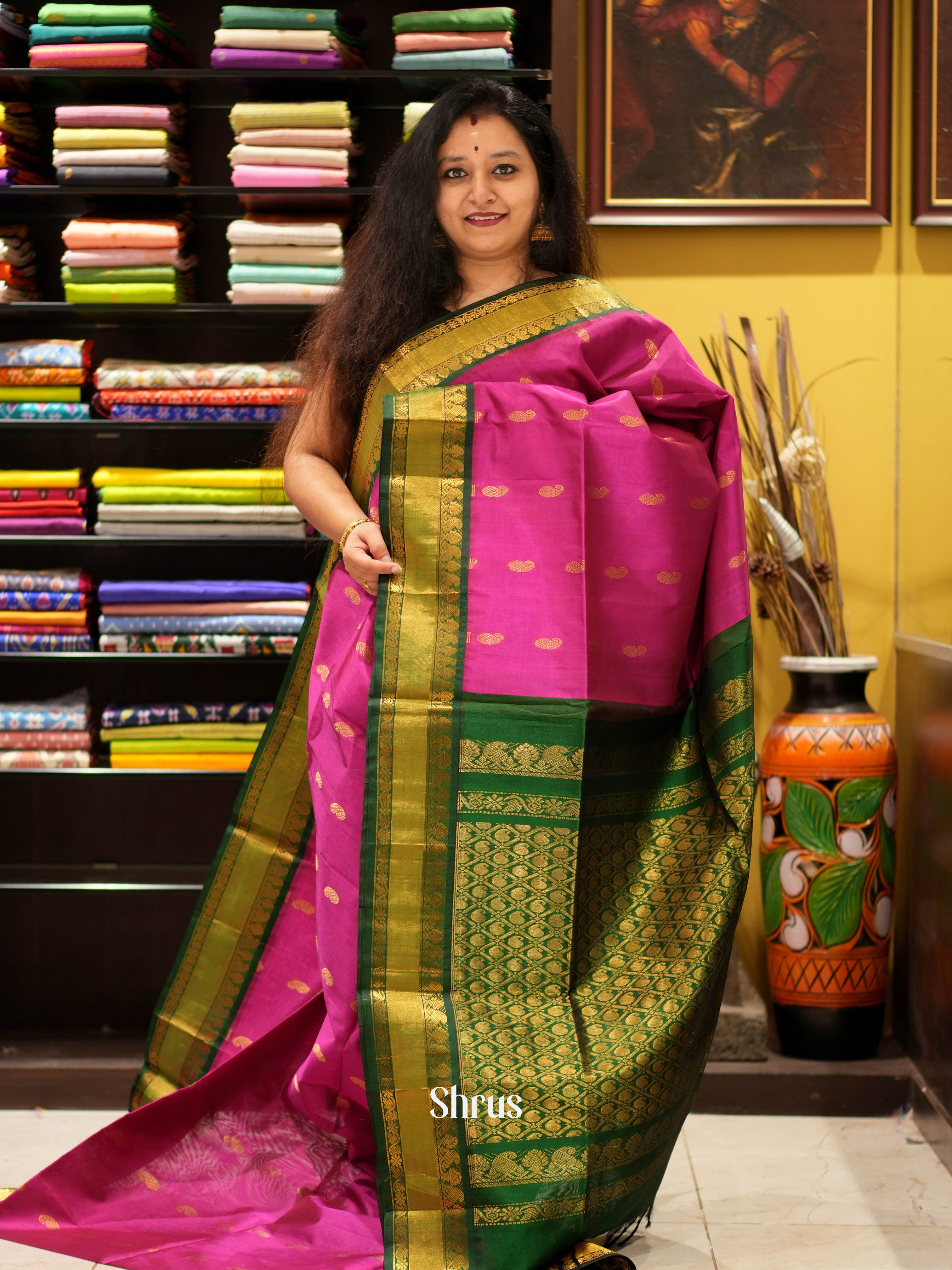 Pink & Green- Silk Cotton Saree - Shop on ShrusEternity.com