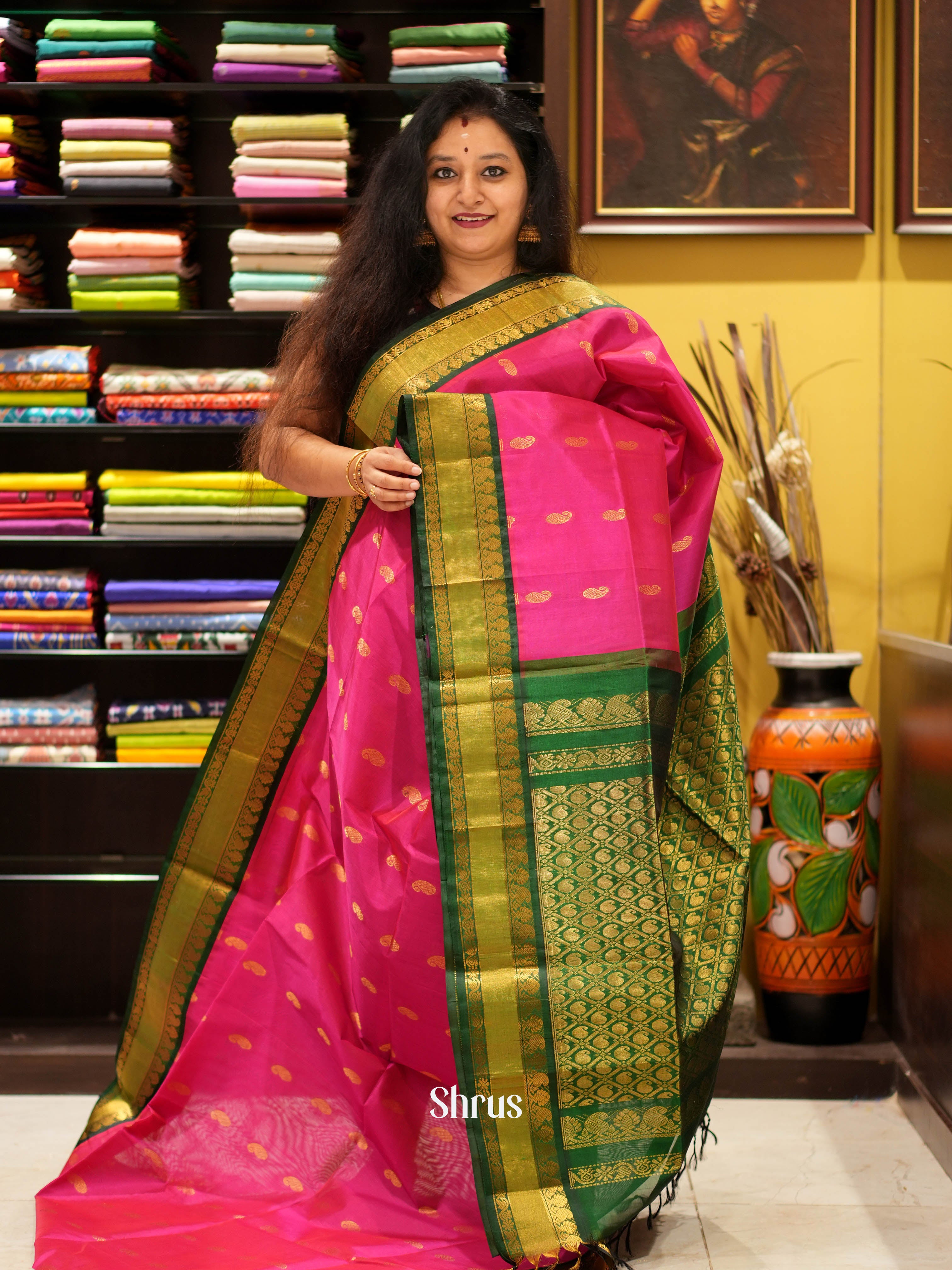 Pink & Green - Silk Cotton Saree - Shop on ShrusEternity.com