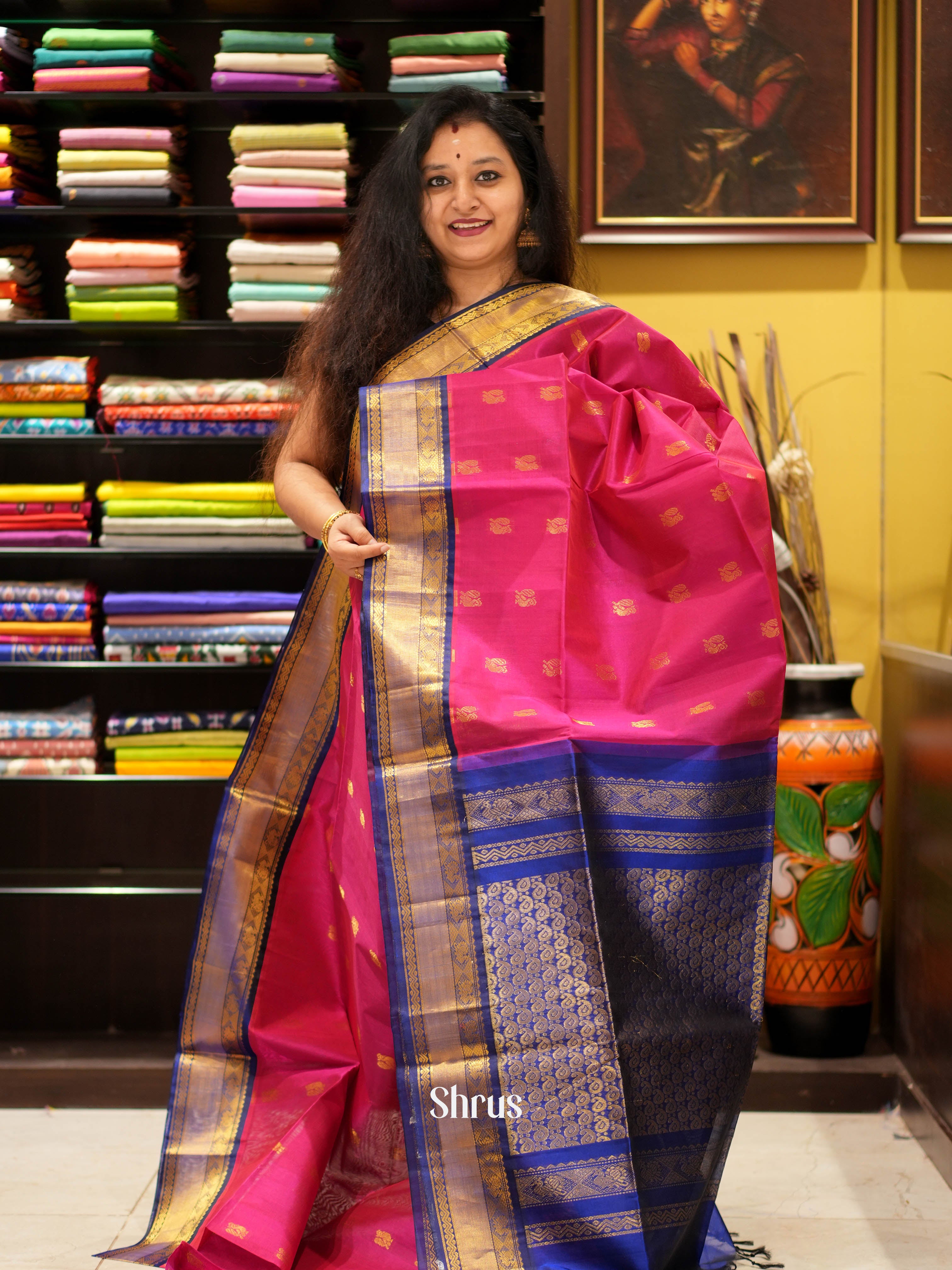 Pink & Blue - Silk Cotton Saree - Shop on ShrusEternity.com