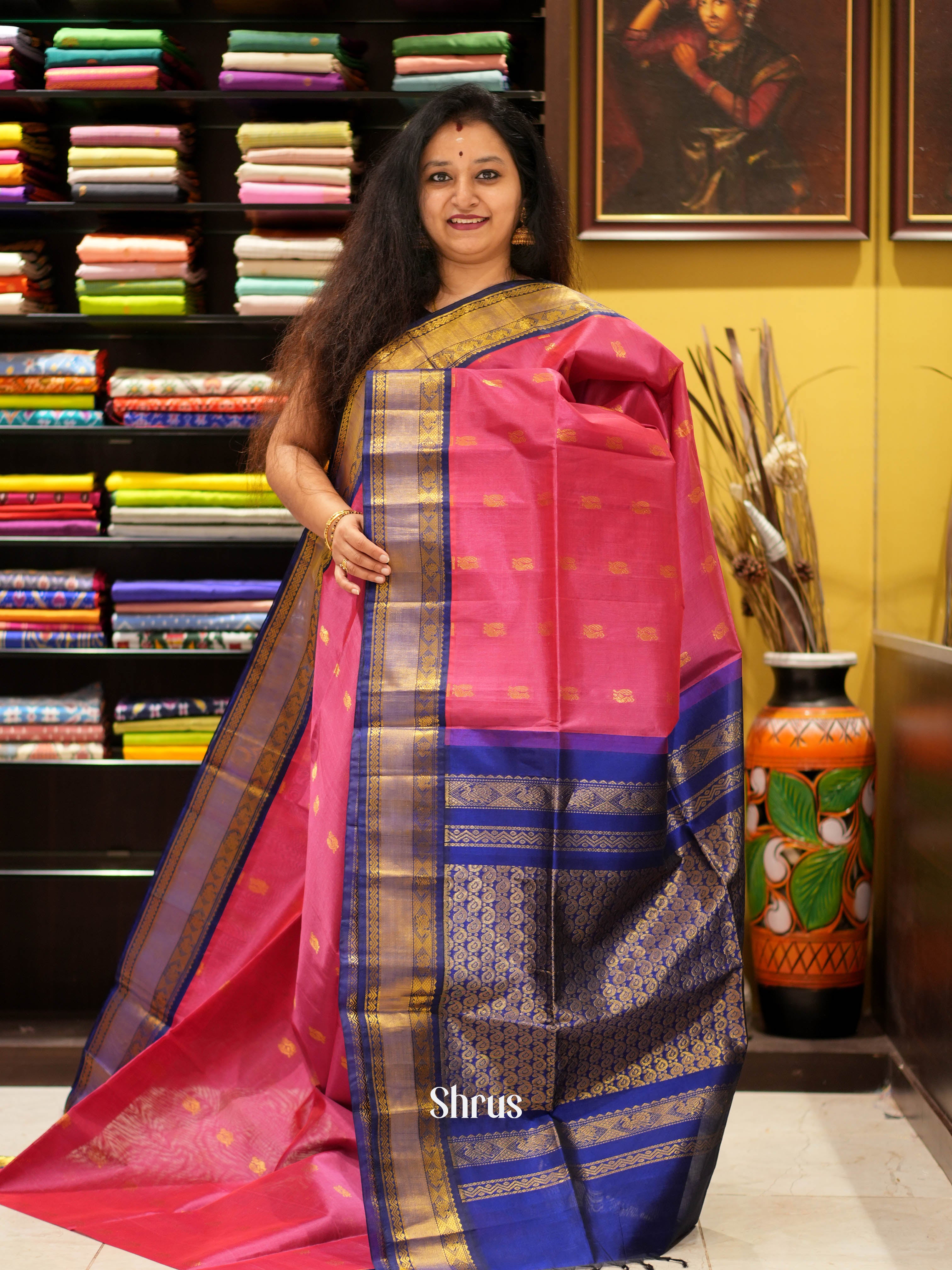 Pink & Blue - Silk Cotton Saree - Shop on ShrusEternity.com