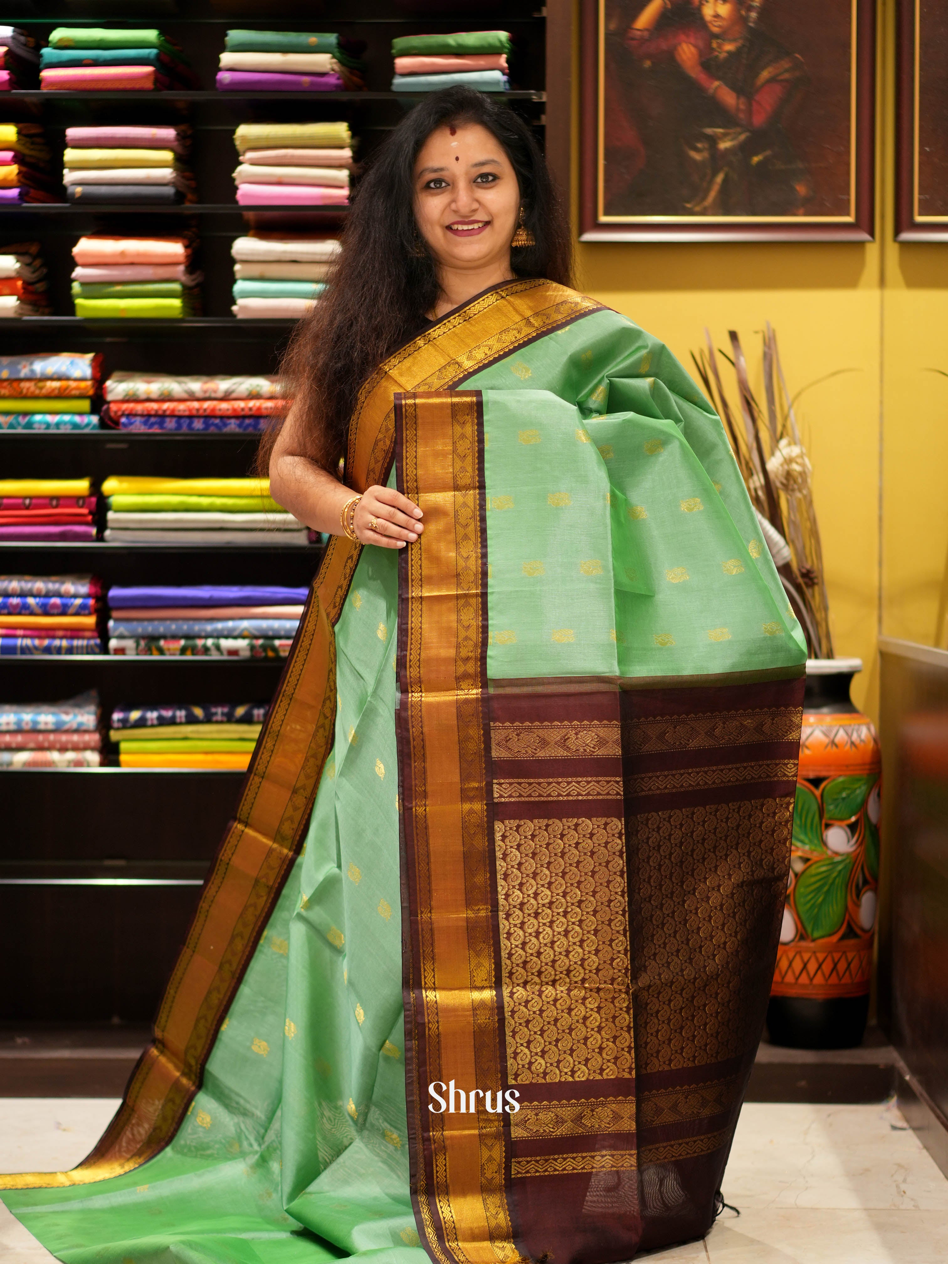 Pista Green & Brown - Silk Cotton Saree - Shop on ShrusEternity.com