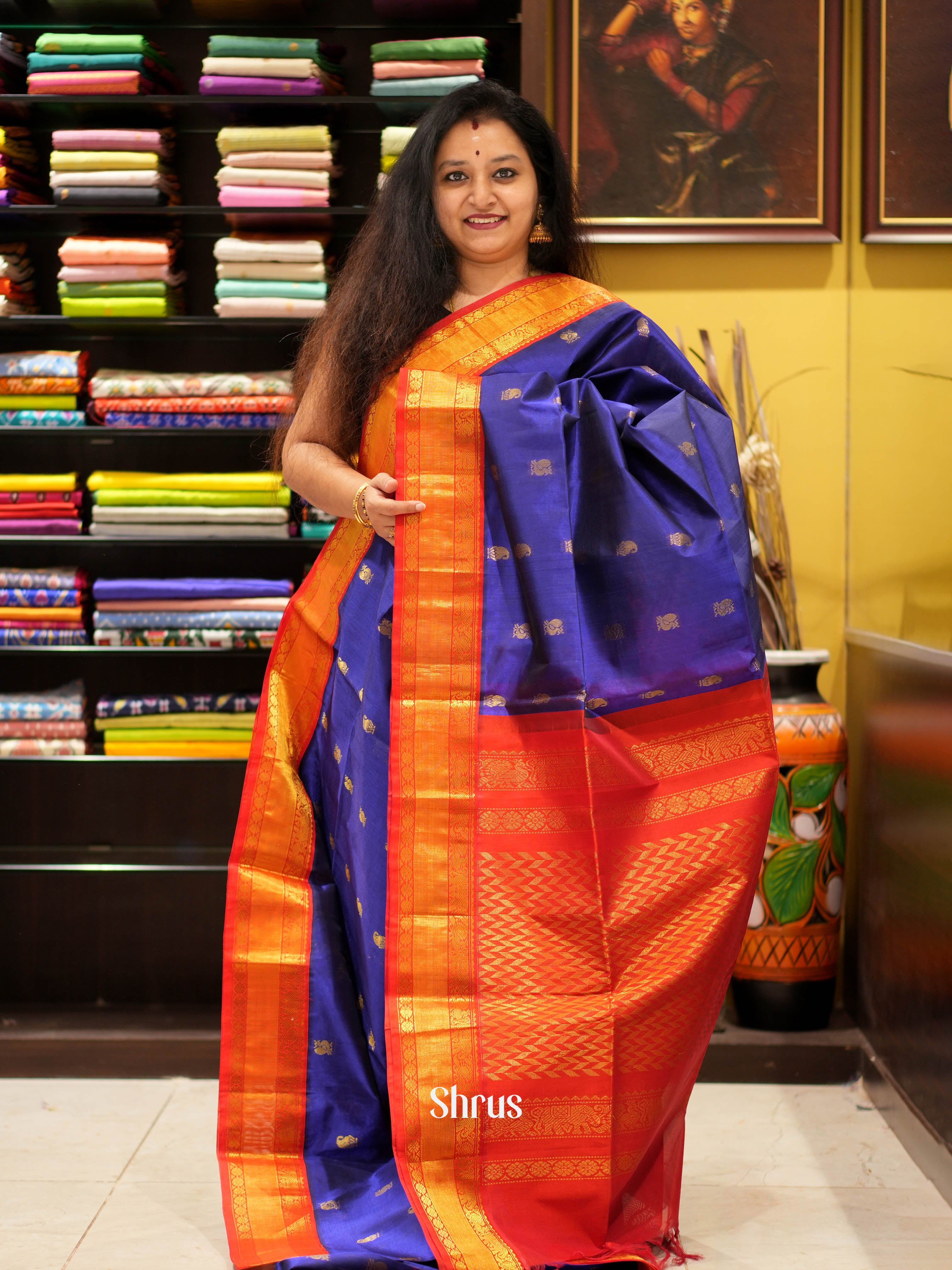 Blue & Red - Silk Cotton Saree - Shop on ShrusEternity.com