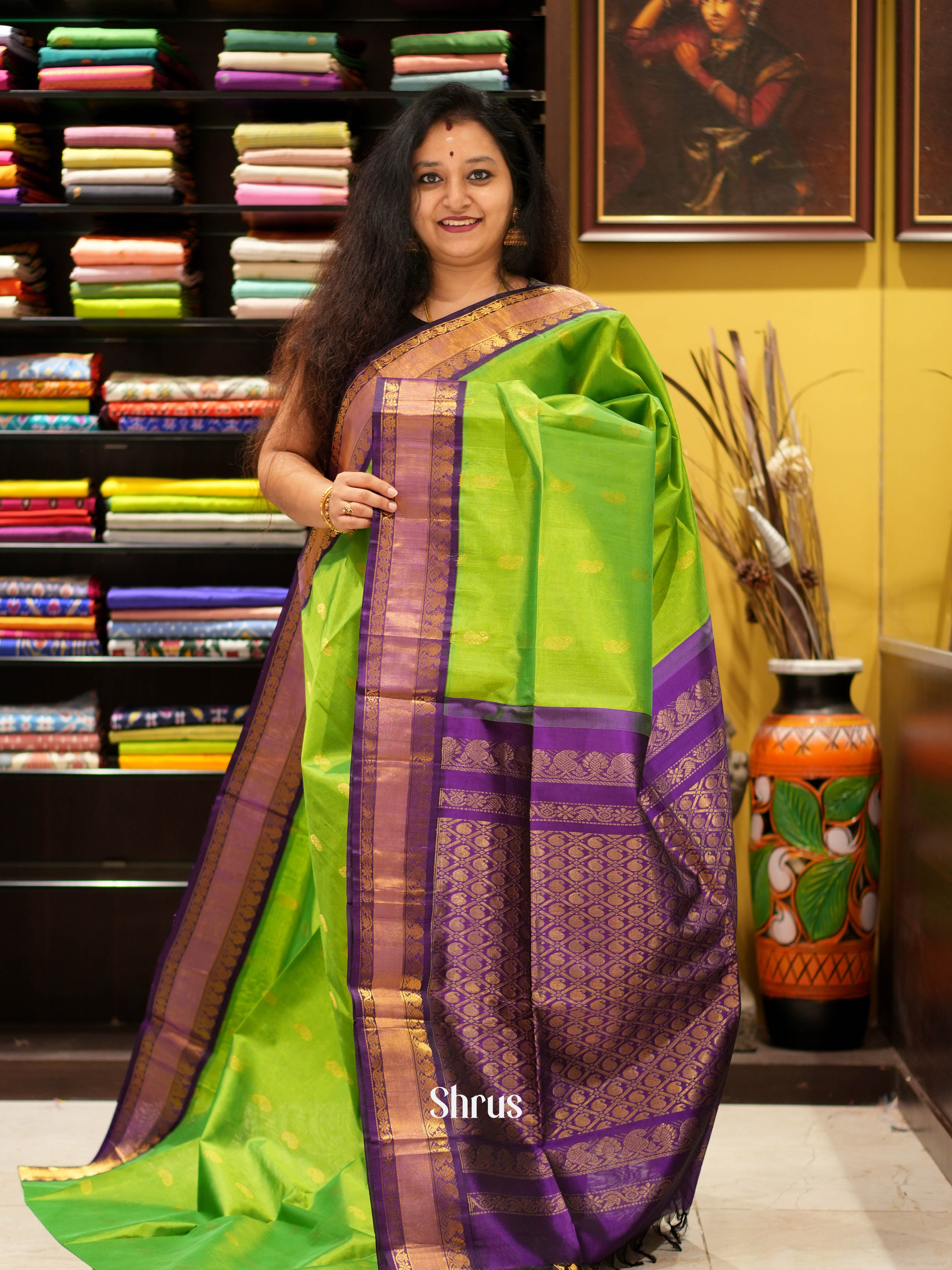 Green & Violet - Silk Cotton Saree - Shop on ShrusEternity.com