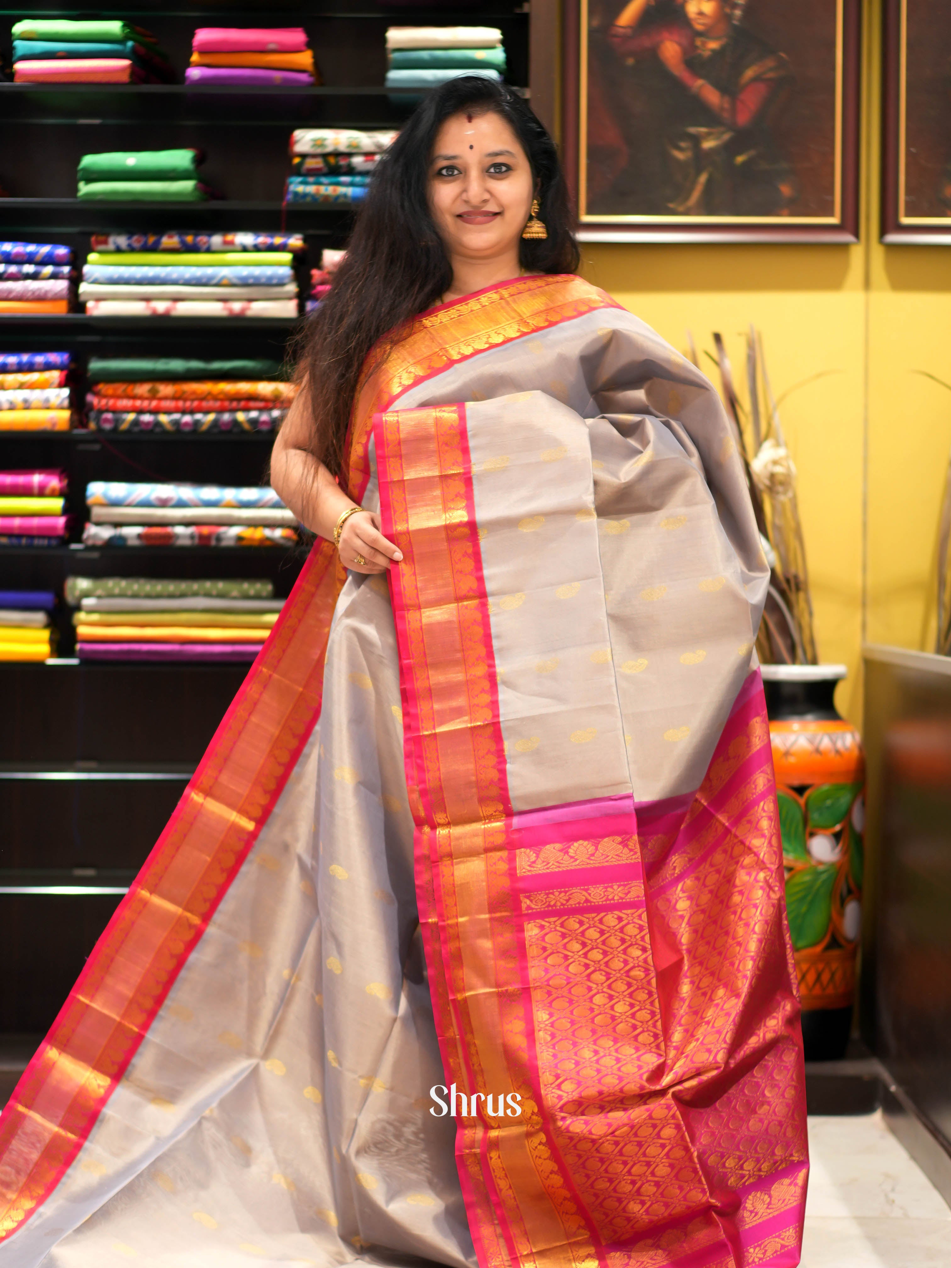 Grey & Pink - Silk Cotton Saree - Shop on ShrusEternity.com