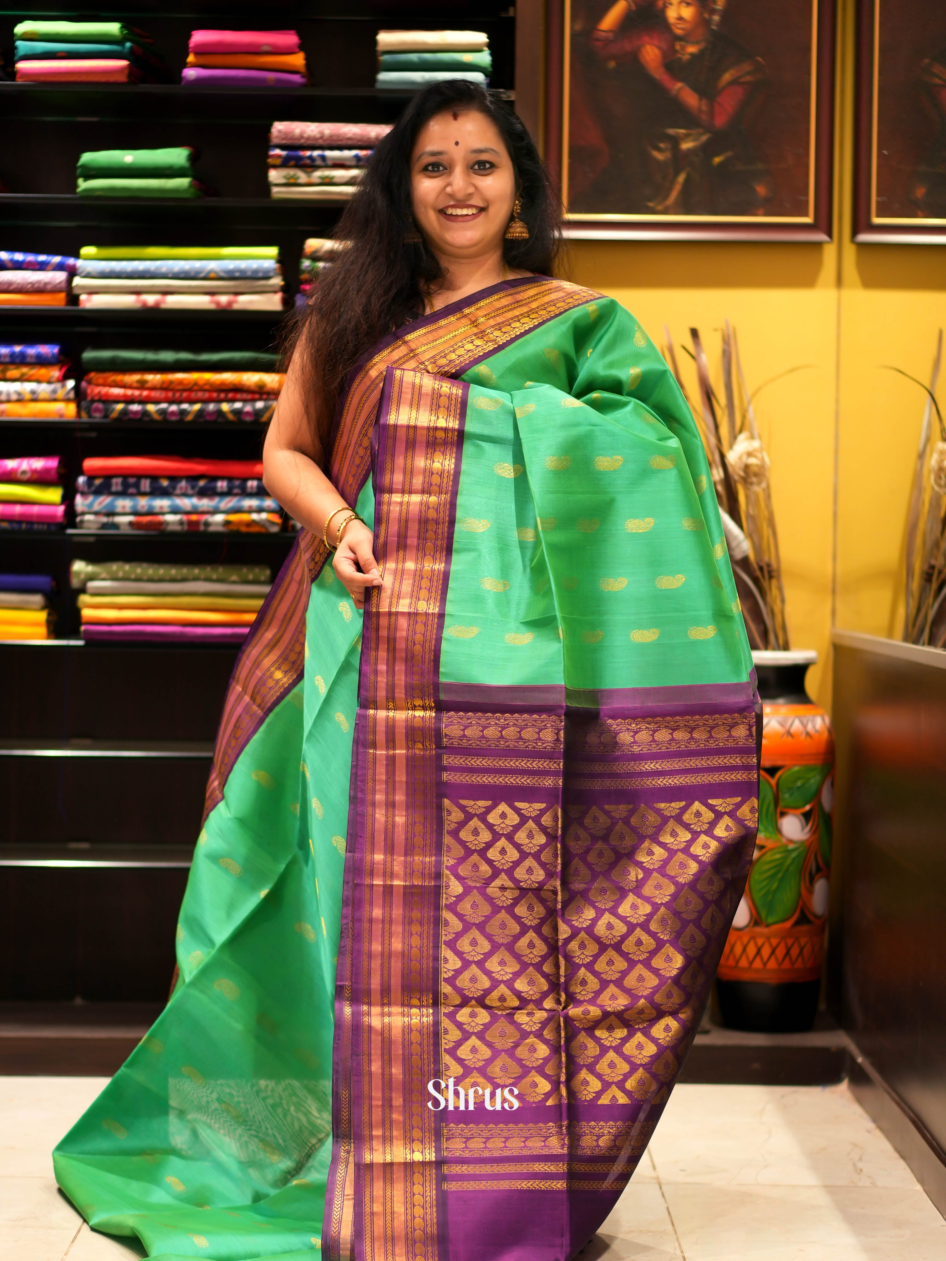 Green & Purple - Silk Cotton Saree - Shop on ShrusEternity.com