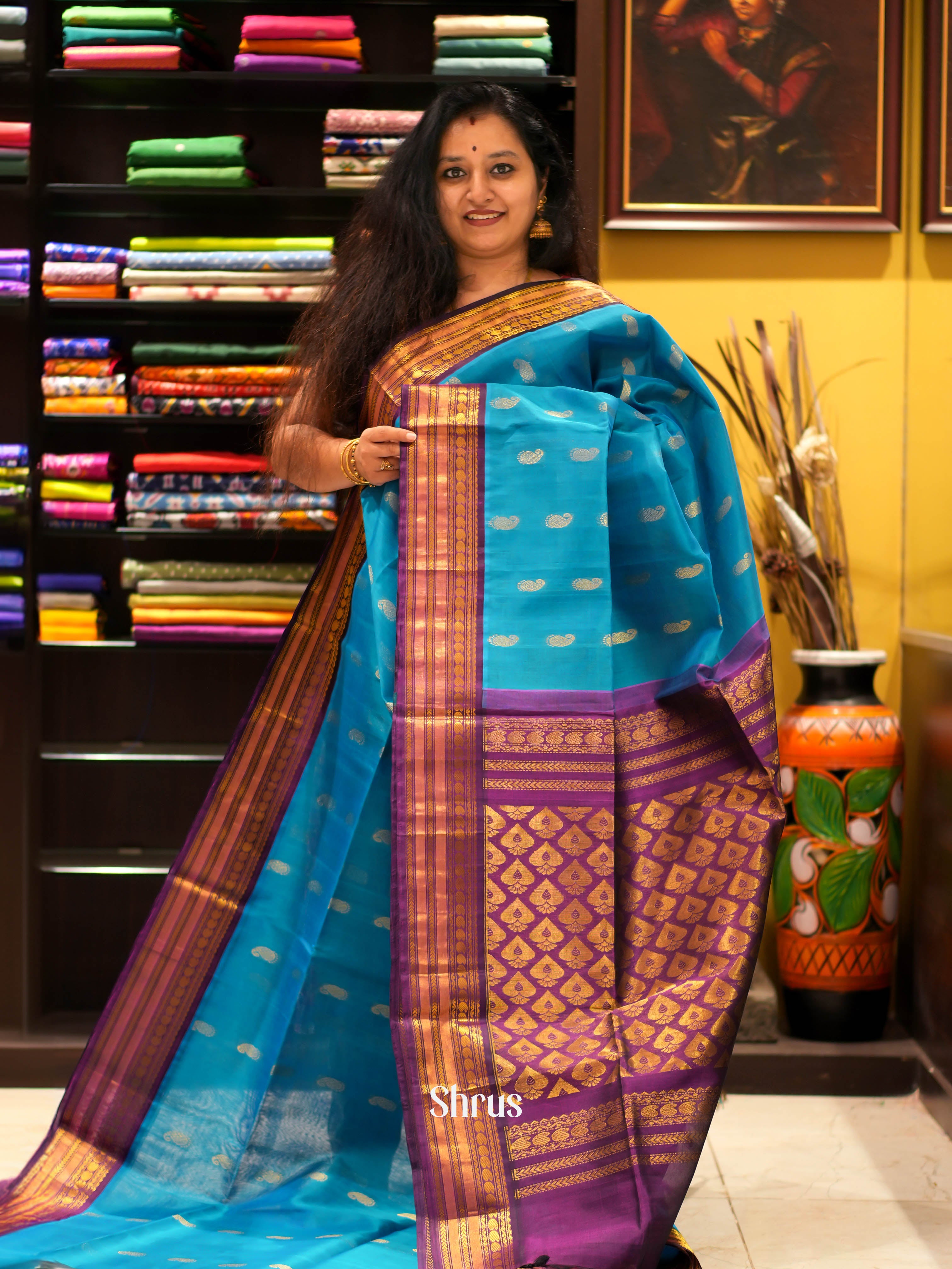 Blue & Purple - Silk Cotton Saree - Shop on ShrusEternity.com