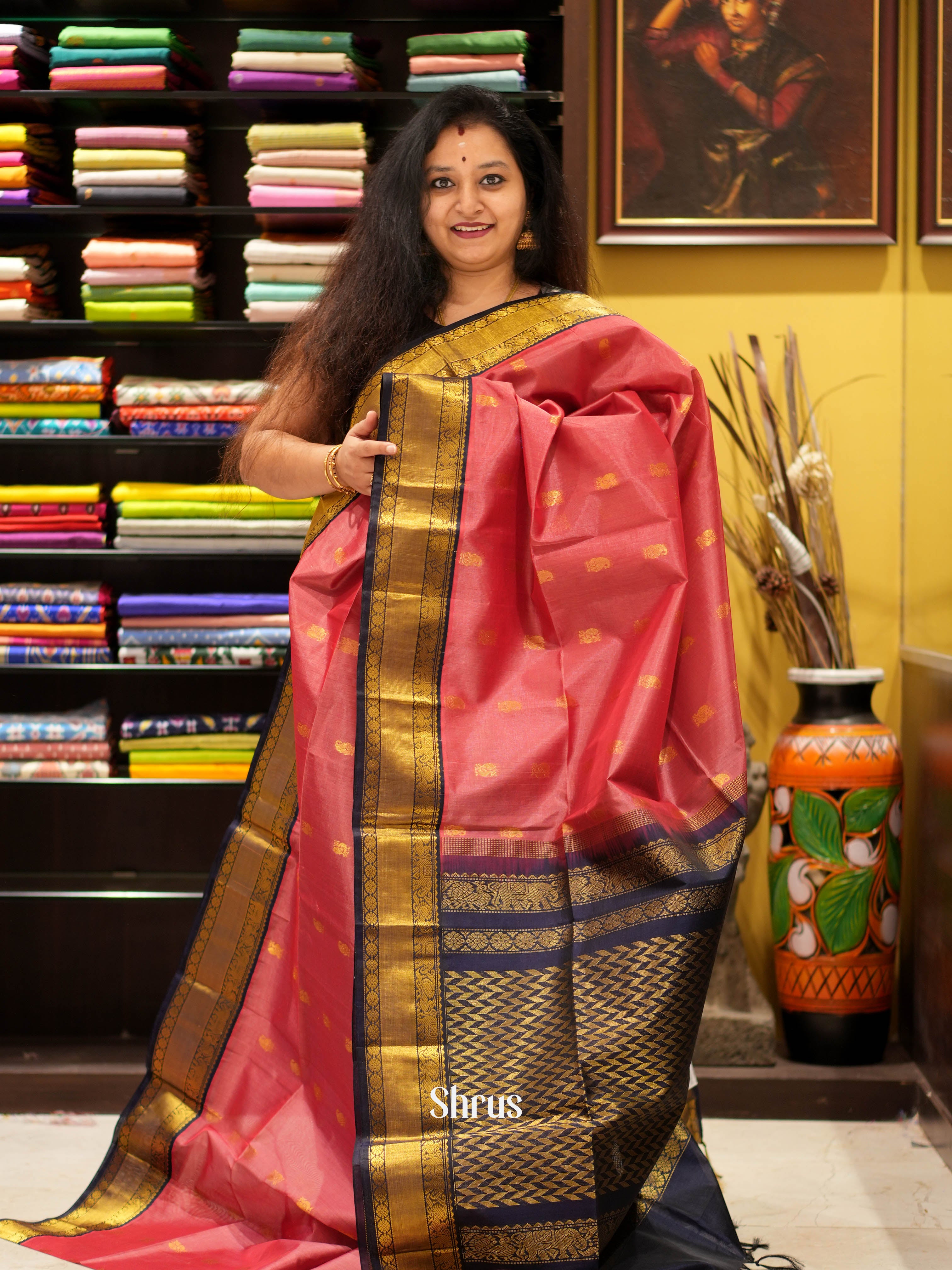 Red & Blue- Silk Cotton Saree - Shop on ShrusEternity.com