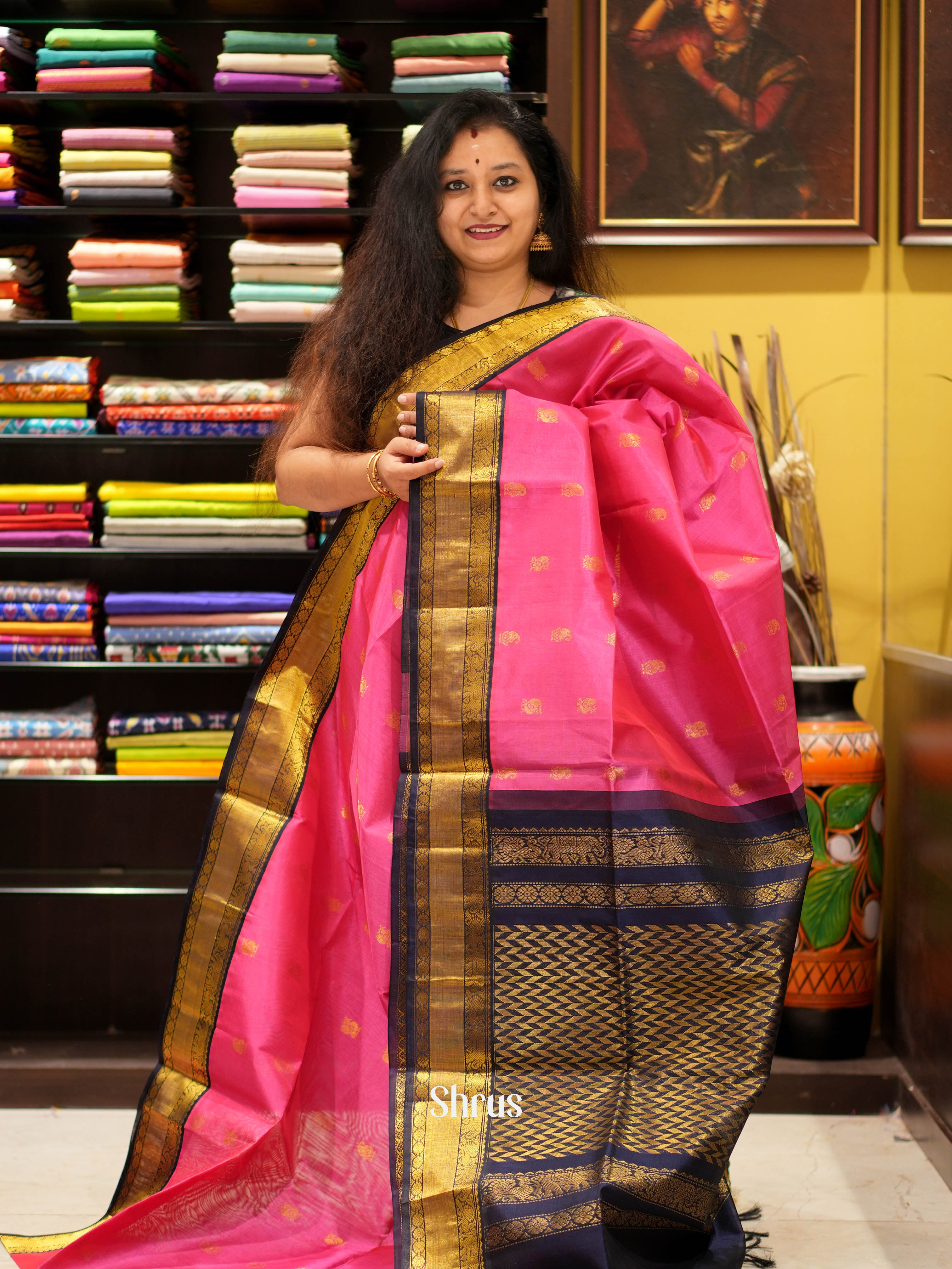 Pink & Blue - Silk Cotton Saree - Shop on ShrusEternity.com