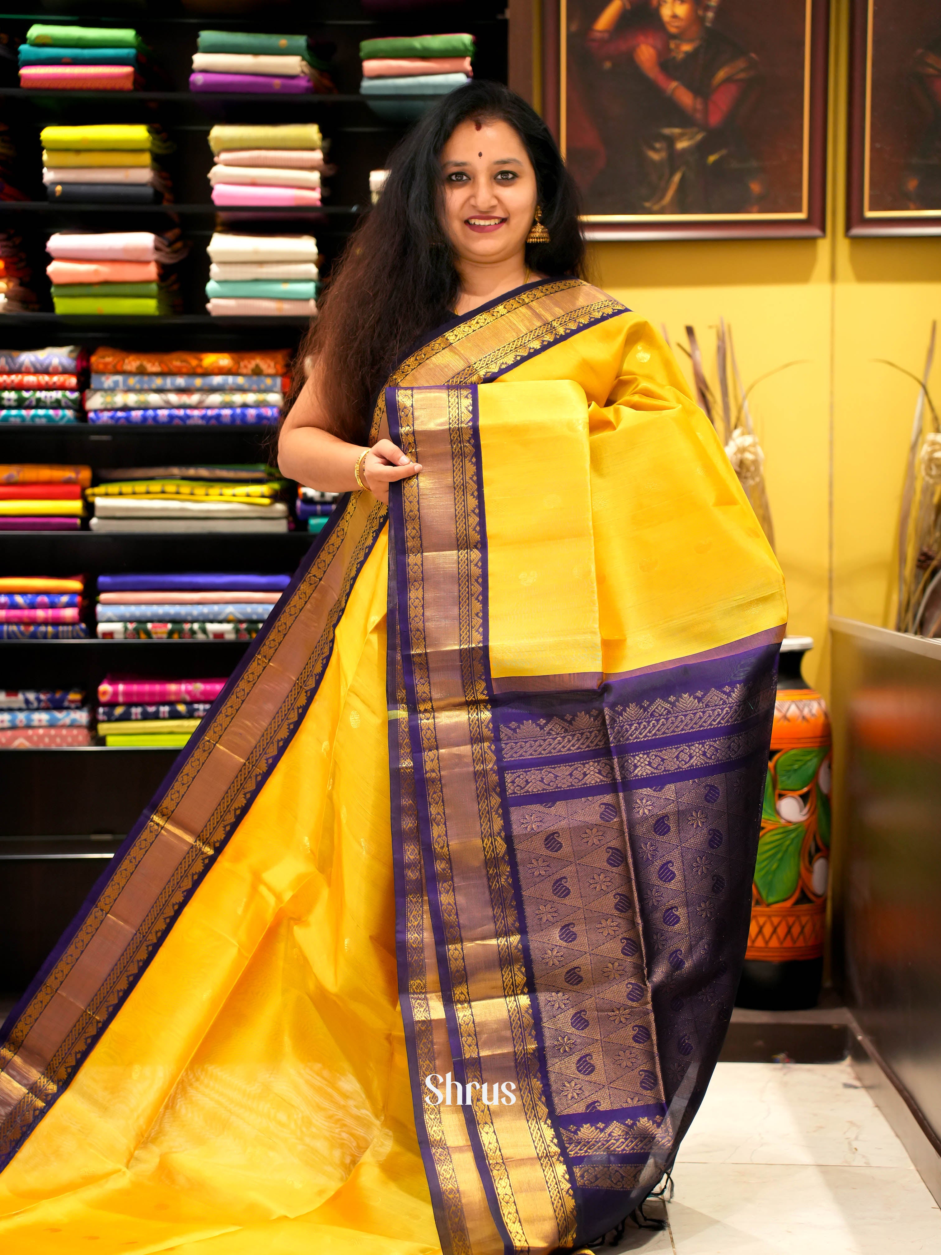 Yellow & Blue - Silk Cotton Saree - Shop on ShrusEternity.com