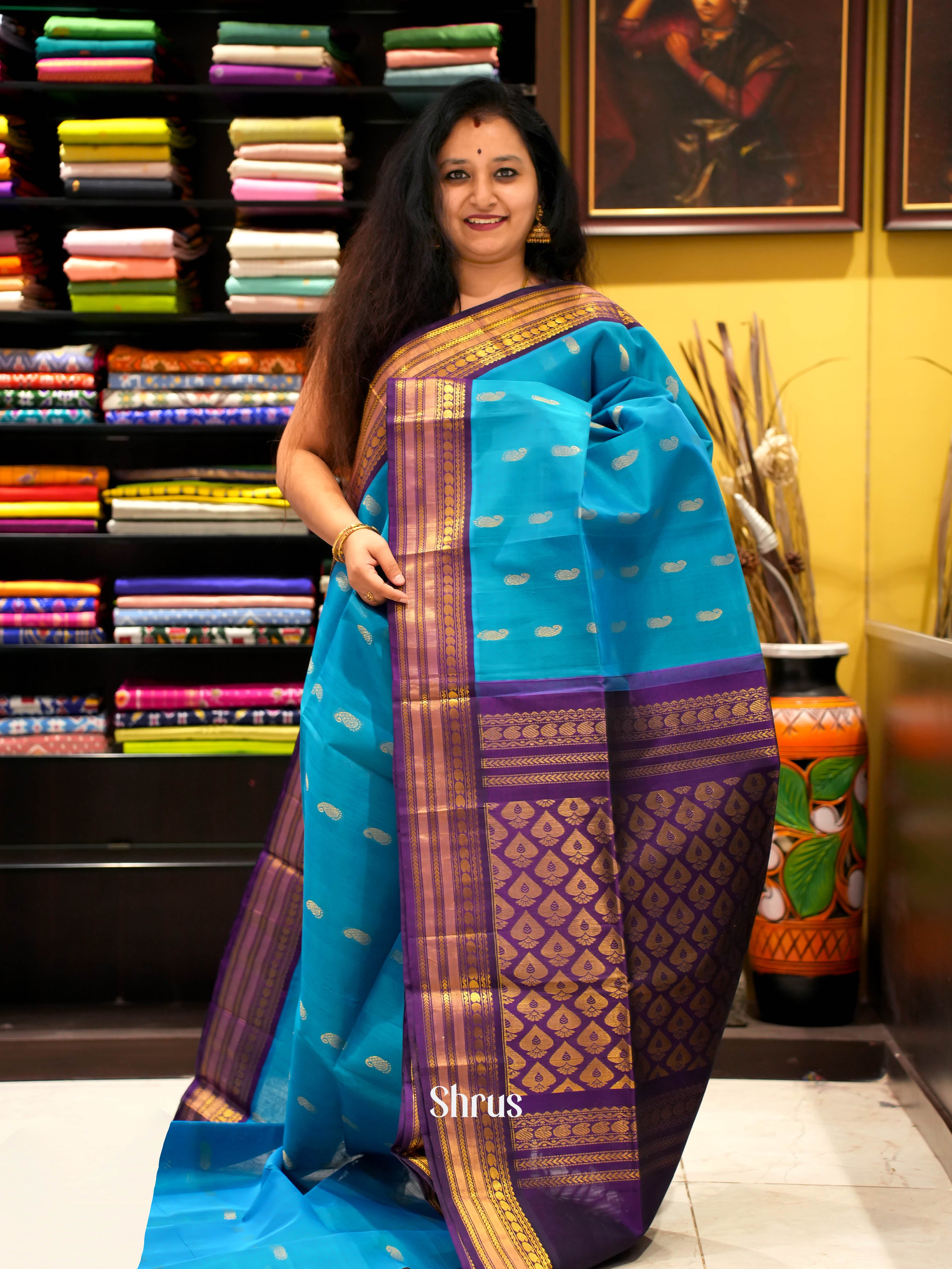 Blue & Purple - Silk Cotton Saree - Shop on ShrusEternity.com
