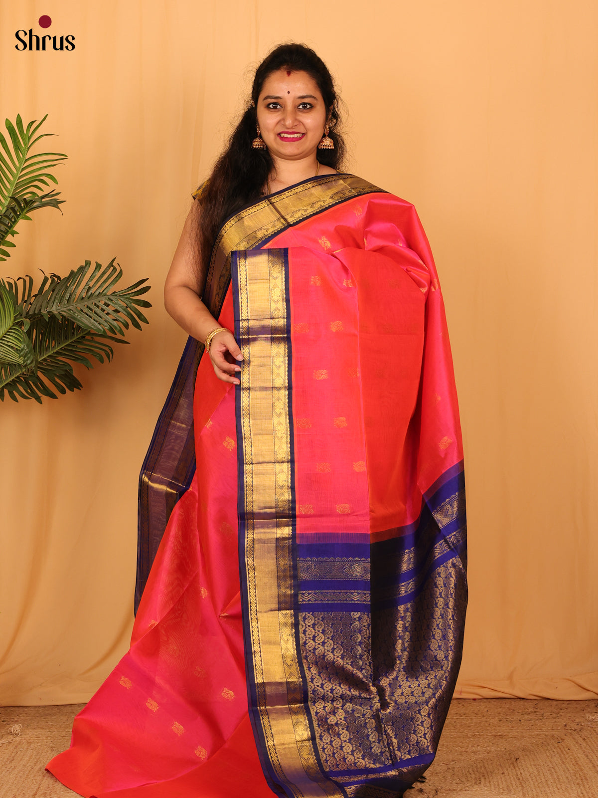 Reddish Pink & Blue - Silk Cotton Saree - Shop on ShrusEternity.com