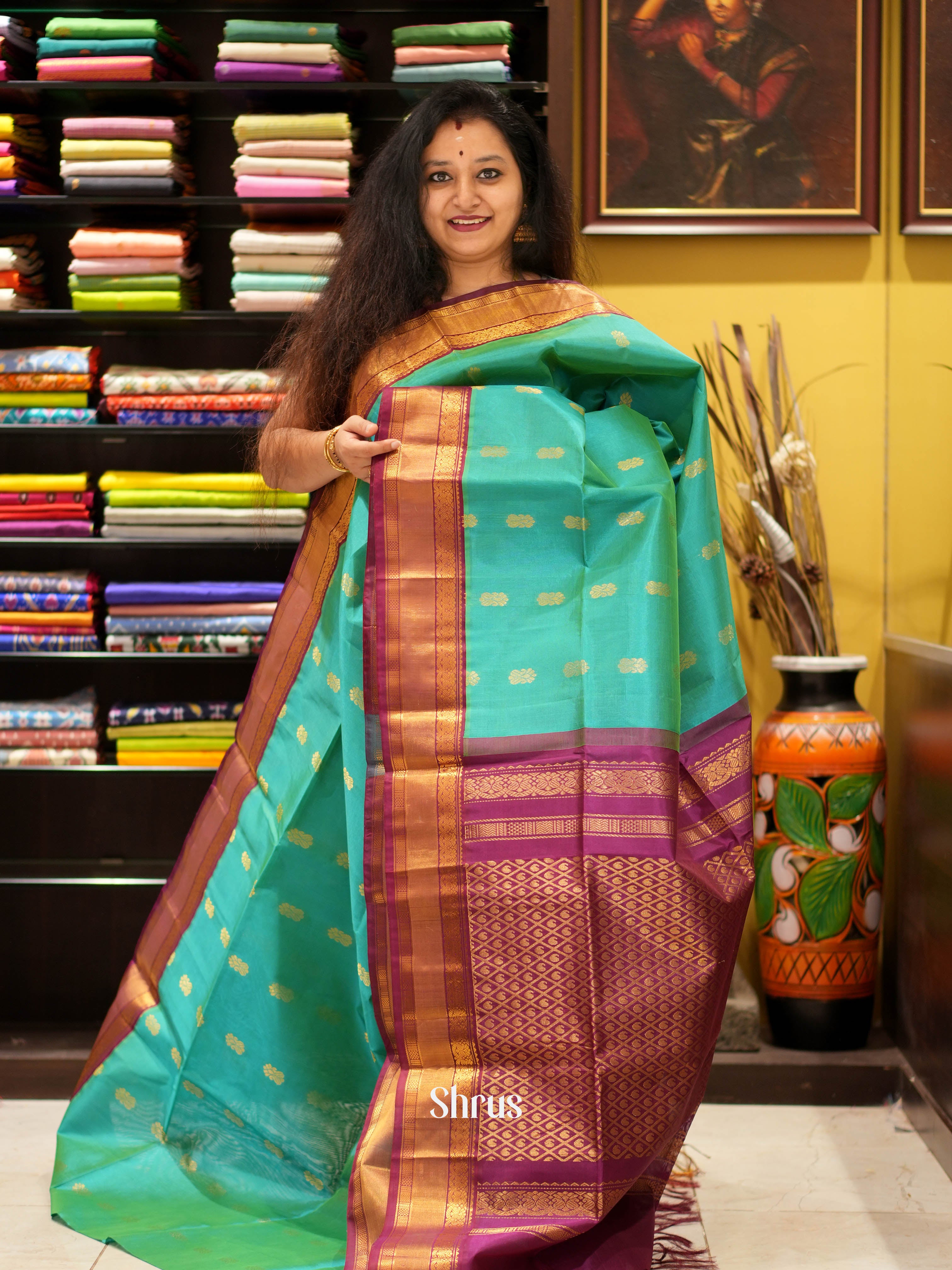 Teal & Purple - Silk Cotton Saree - Shop on ShrusEternity.com