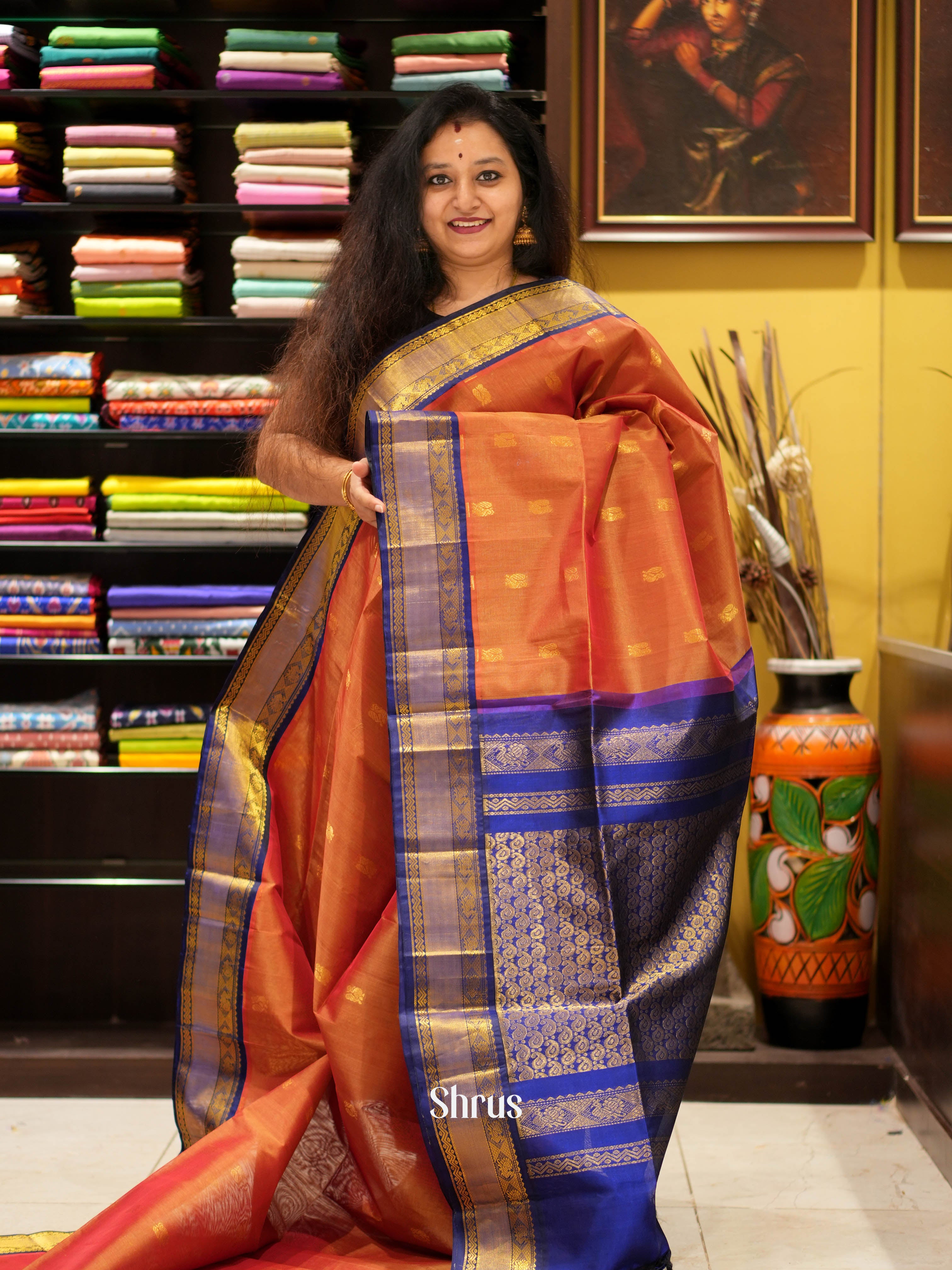 Brick Orange & Blue - Silk Cotton Saree - Shop on ShrusEternity.com