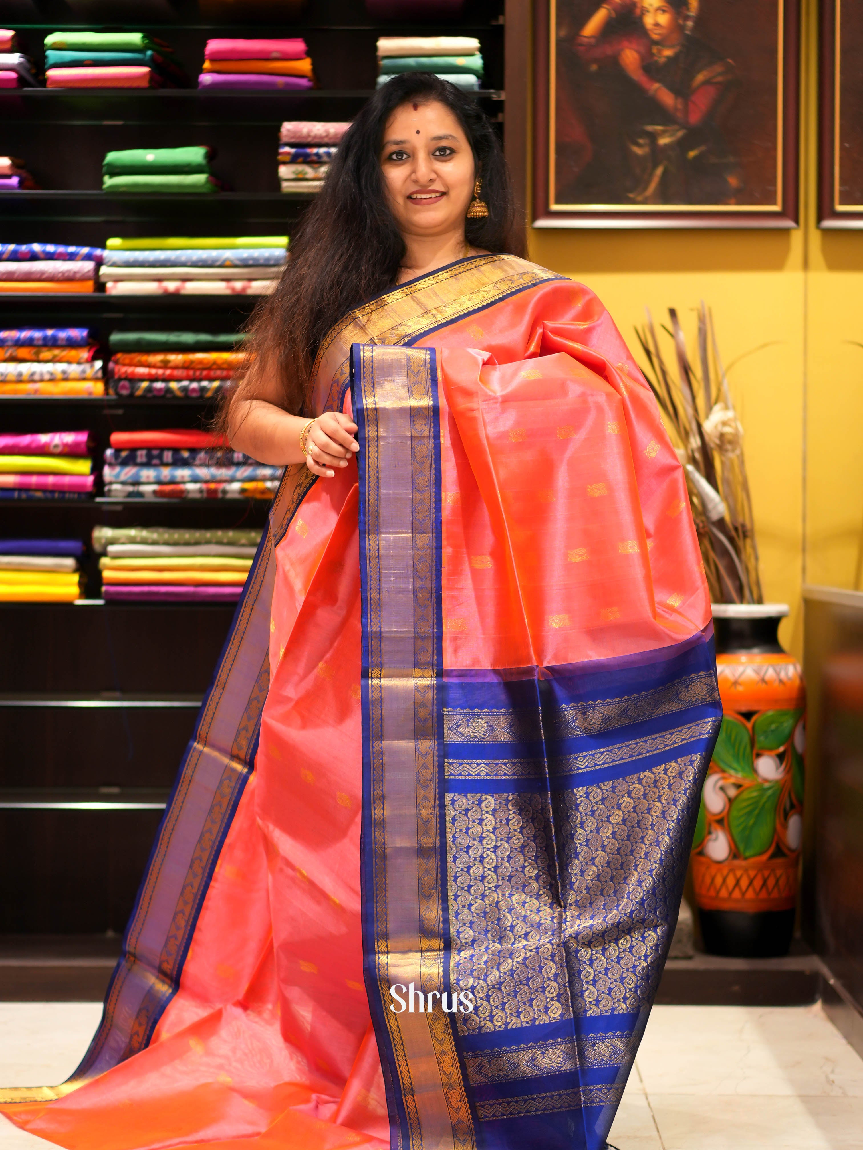 Peach & Blue - Silk Cotton Saree - Shop on ShrusEternity.com