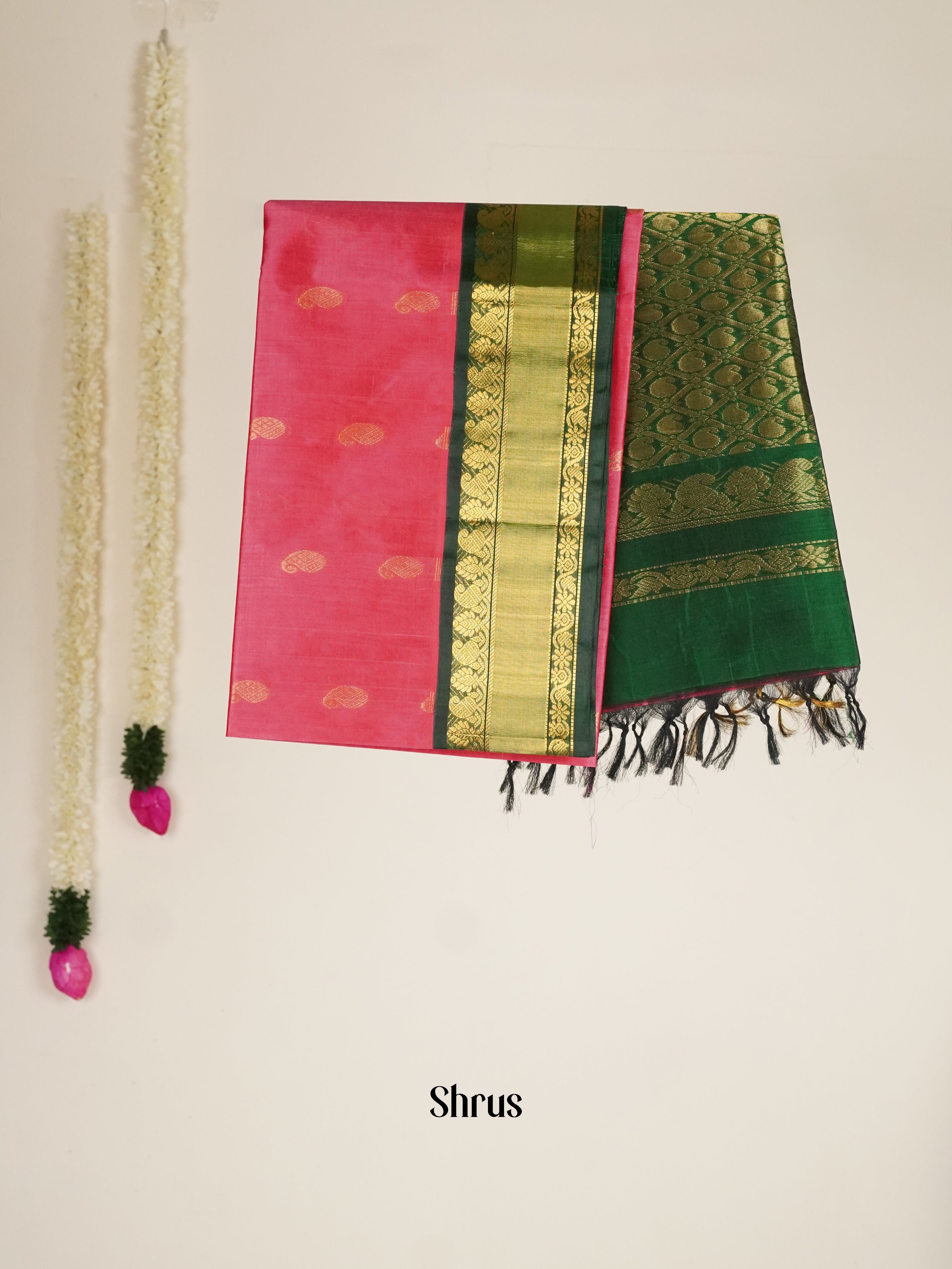 Pink & Green - Silk Cotton Saree - Shop on ShrusEternity.com